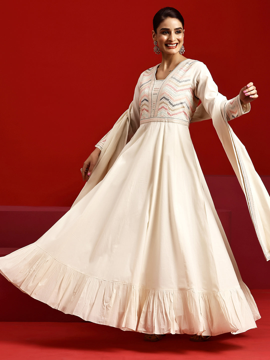 Libas Art Off White Embroidered Cotton A-Line Kurta With Trousers & Dupatta