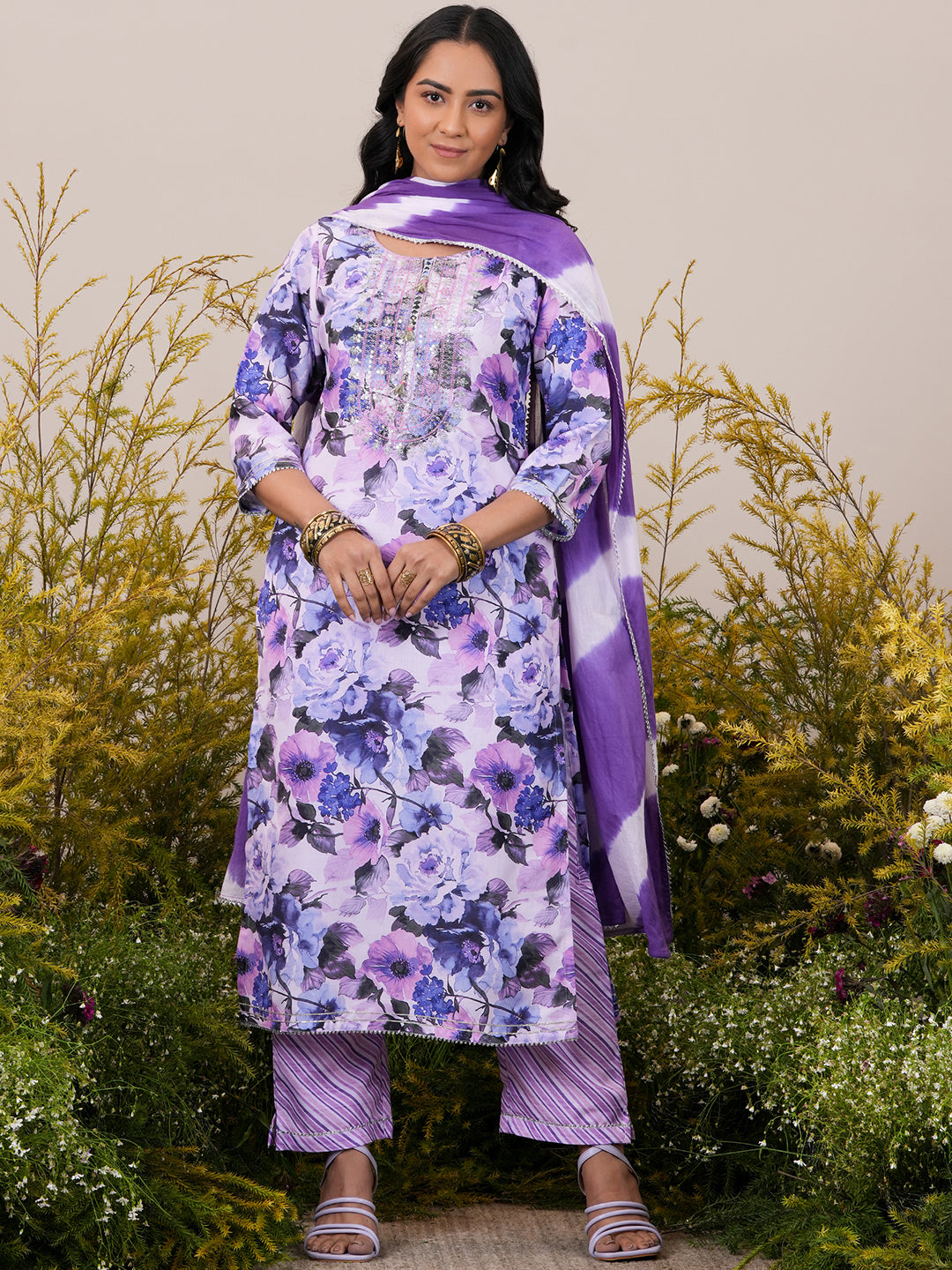 Lavender Printed Cotton Straight Suit With Dupatta