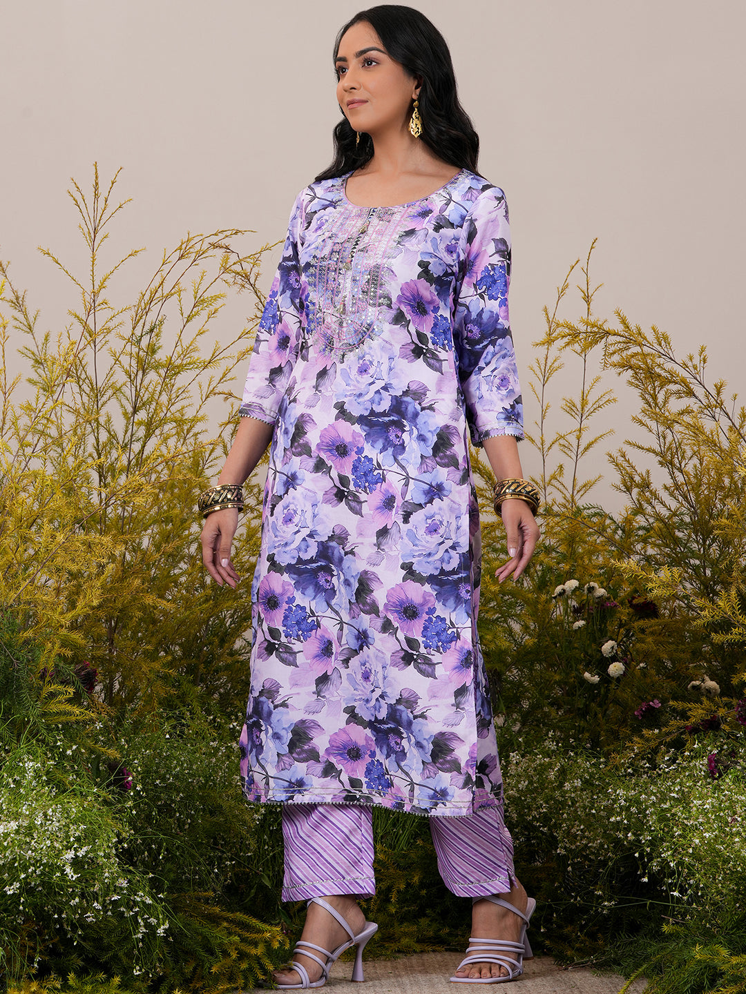 Lavender Printed Cotton Straight Suit With Dupatta