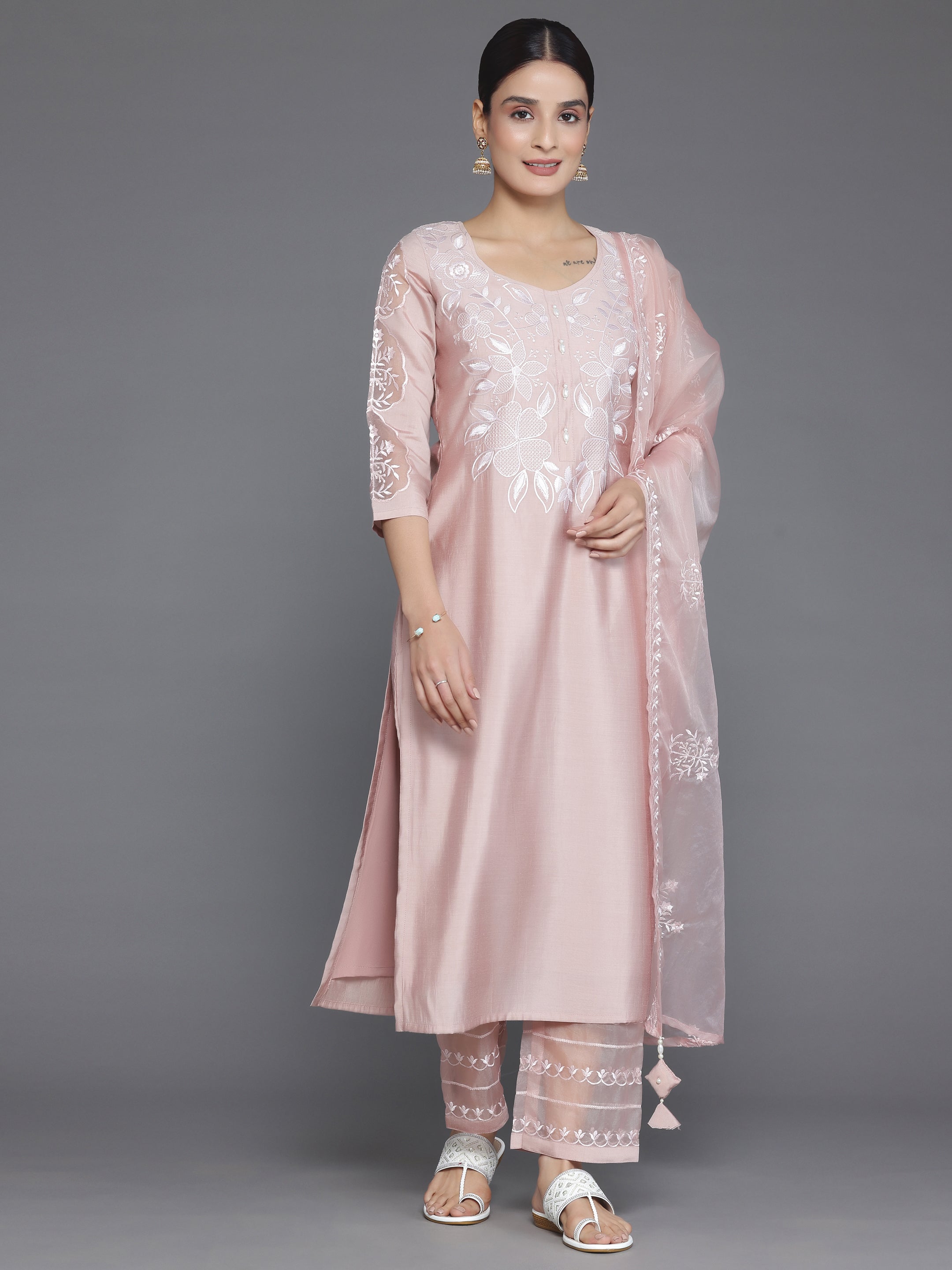 Peach Yoke Design Silk Blend Straight Suit With Dupatta