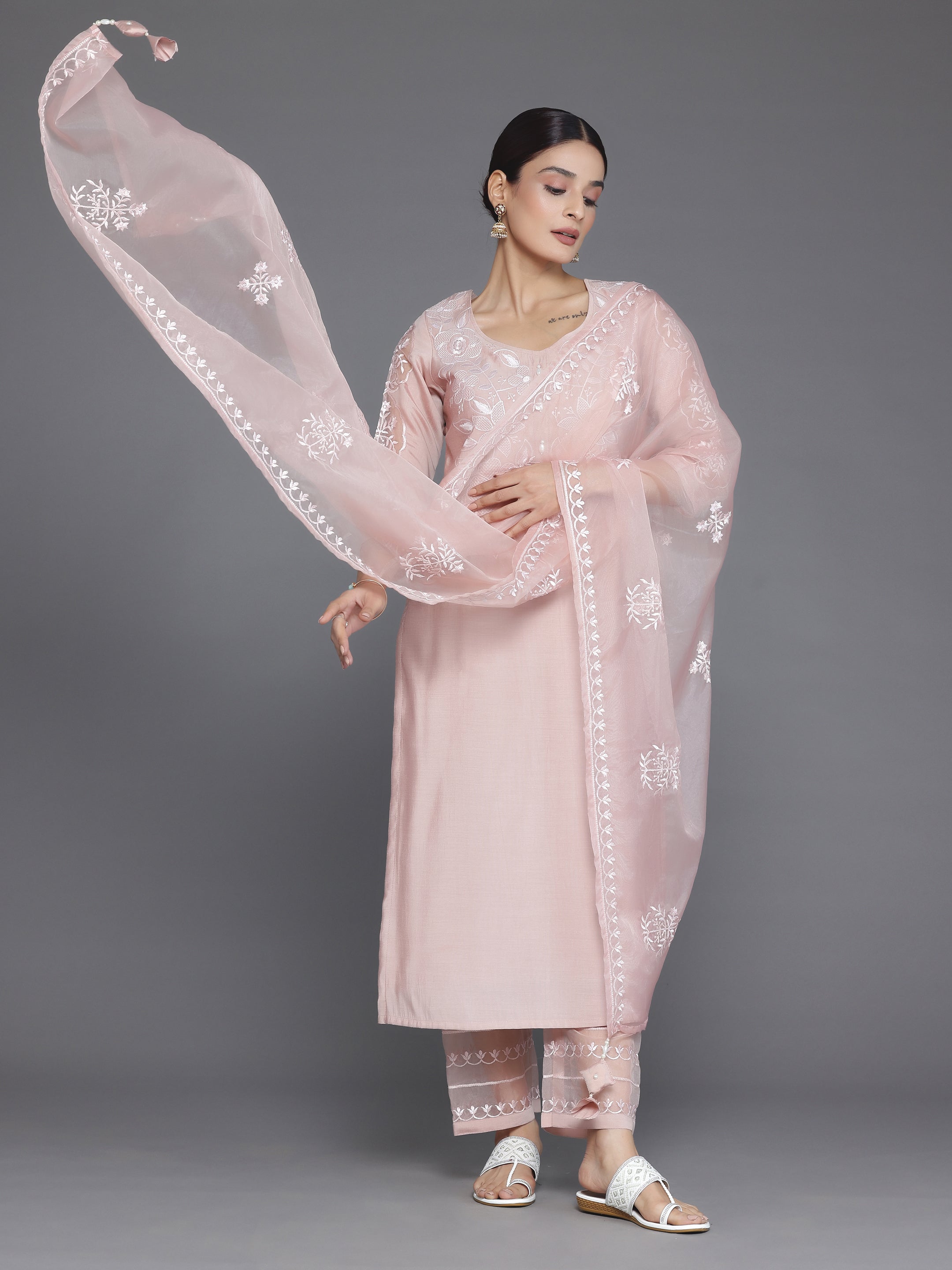 Peach Yoke Design Silk Blend Straight Suit With Dupatta