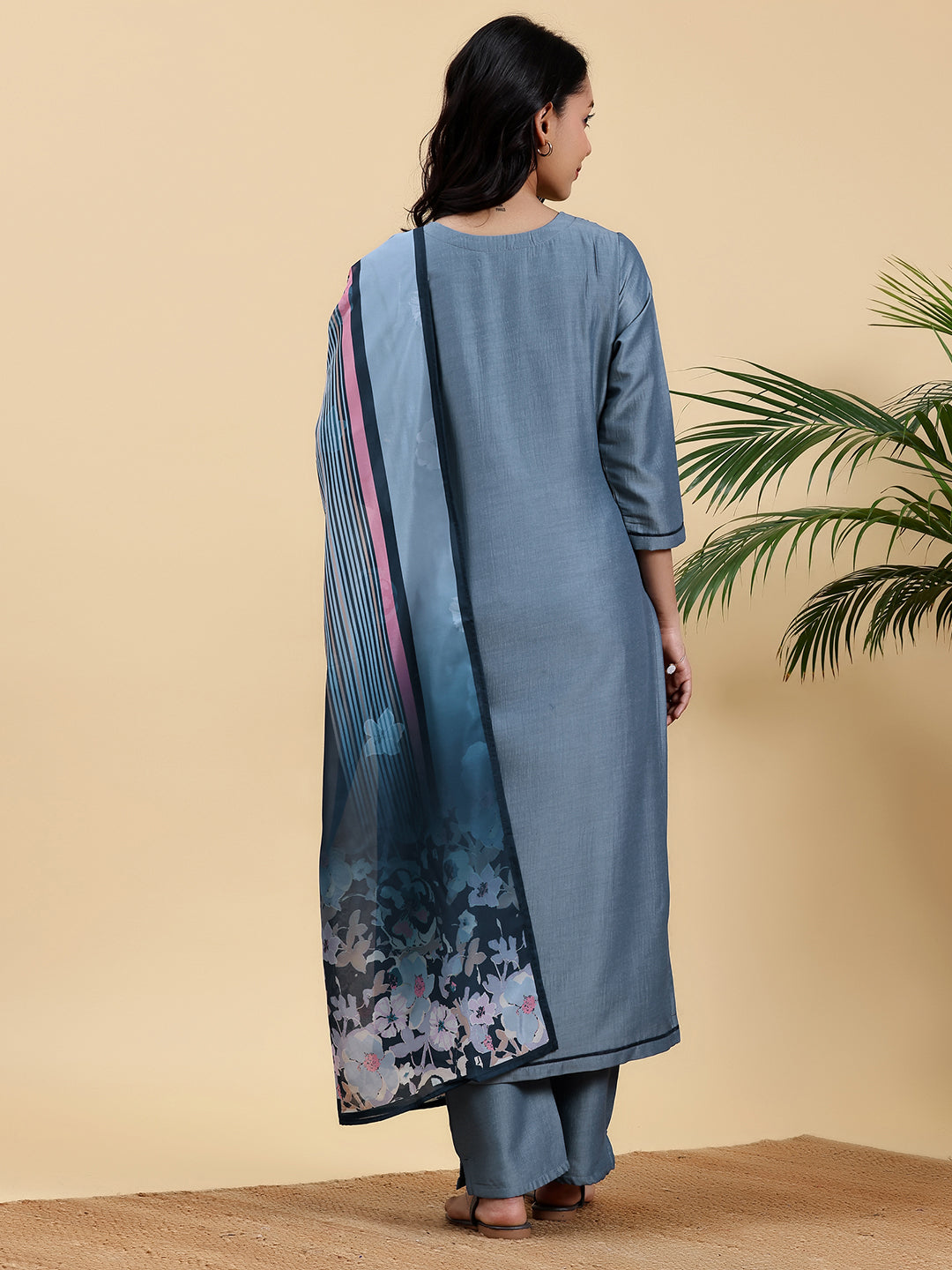 Blue Embroidered Silk Blend Straight Suit With Dupatta