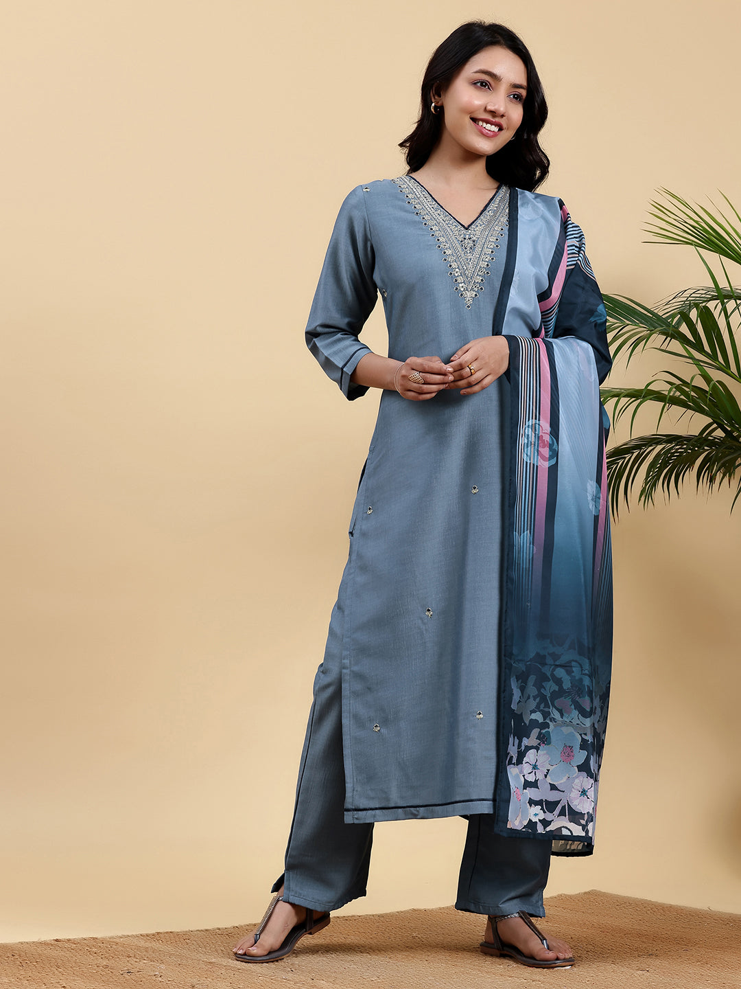 Blue Embroidered Silk Blend Straight Suit With Dupatta