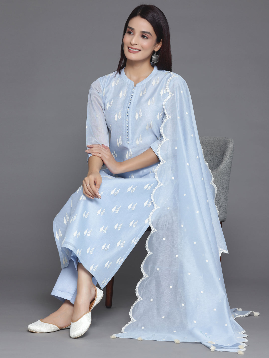 Blue Embroidered Chanderi Silk Straight Suit With Dupatta