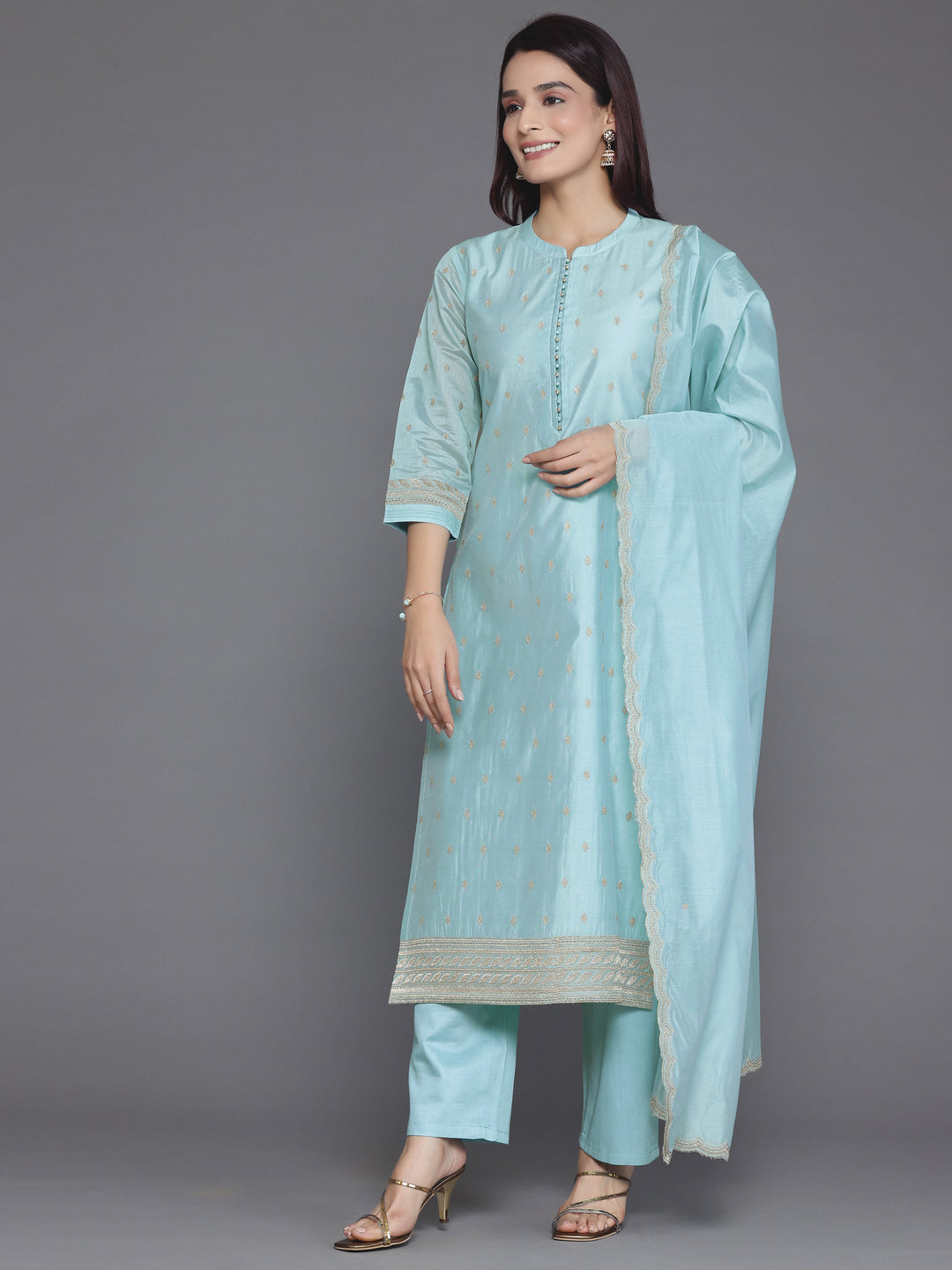 Blue Embroidered Chanderi Silk Straight Suit With Dupatta