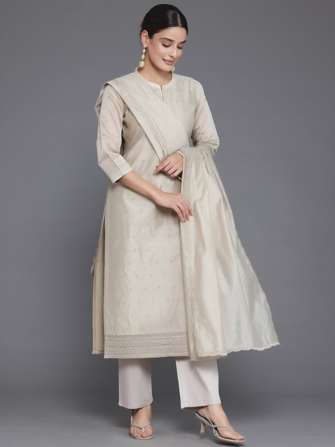 Beige Embroidered Chanderi Silk Straight Suit With Dupatta