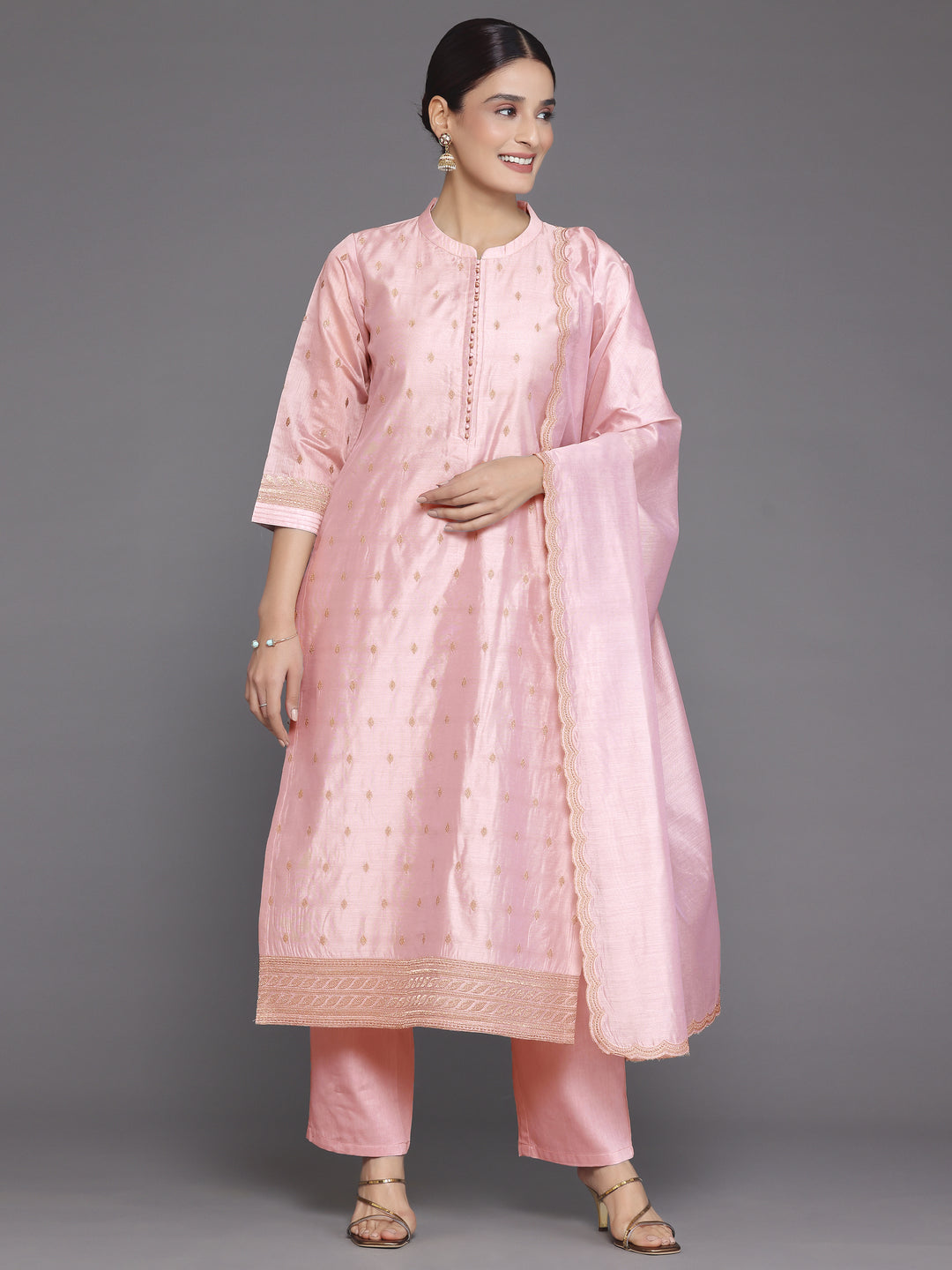 Pink Embroidered Chanderi Silk Straight Suit With Dupatta