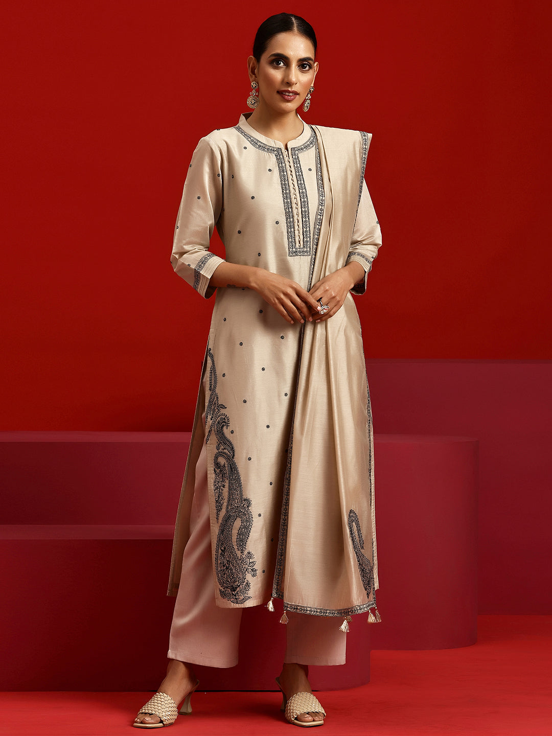 Libas Art Beige Embroidered Chanderi Silk Straight Suit With Dupatta