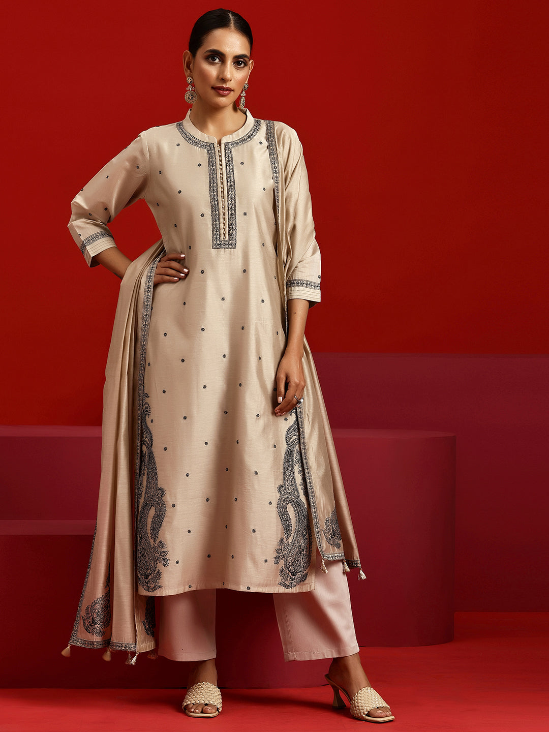 Libas Art Beige Embroidered Chanderi Silk Straight Suit With Dupatta