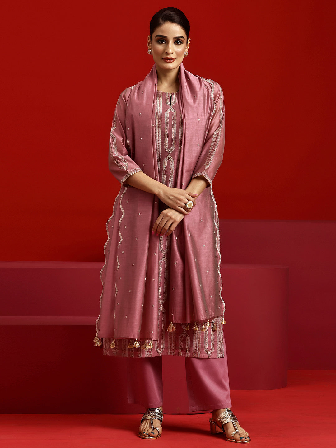 Libas Art Pink Embroidered Chanderi Silk Straight Suit With Dupatta