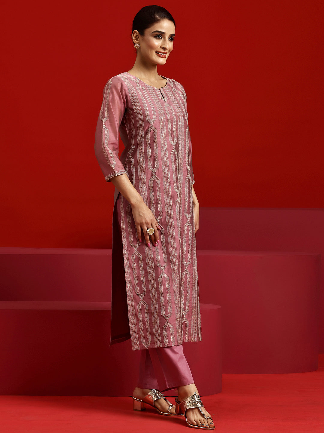 Libas Art Pink Embroidered Chanderi Silk Straight Suit With Dupatta