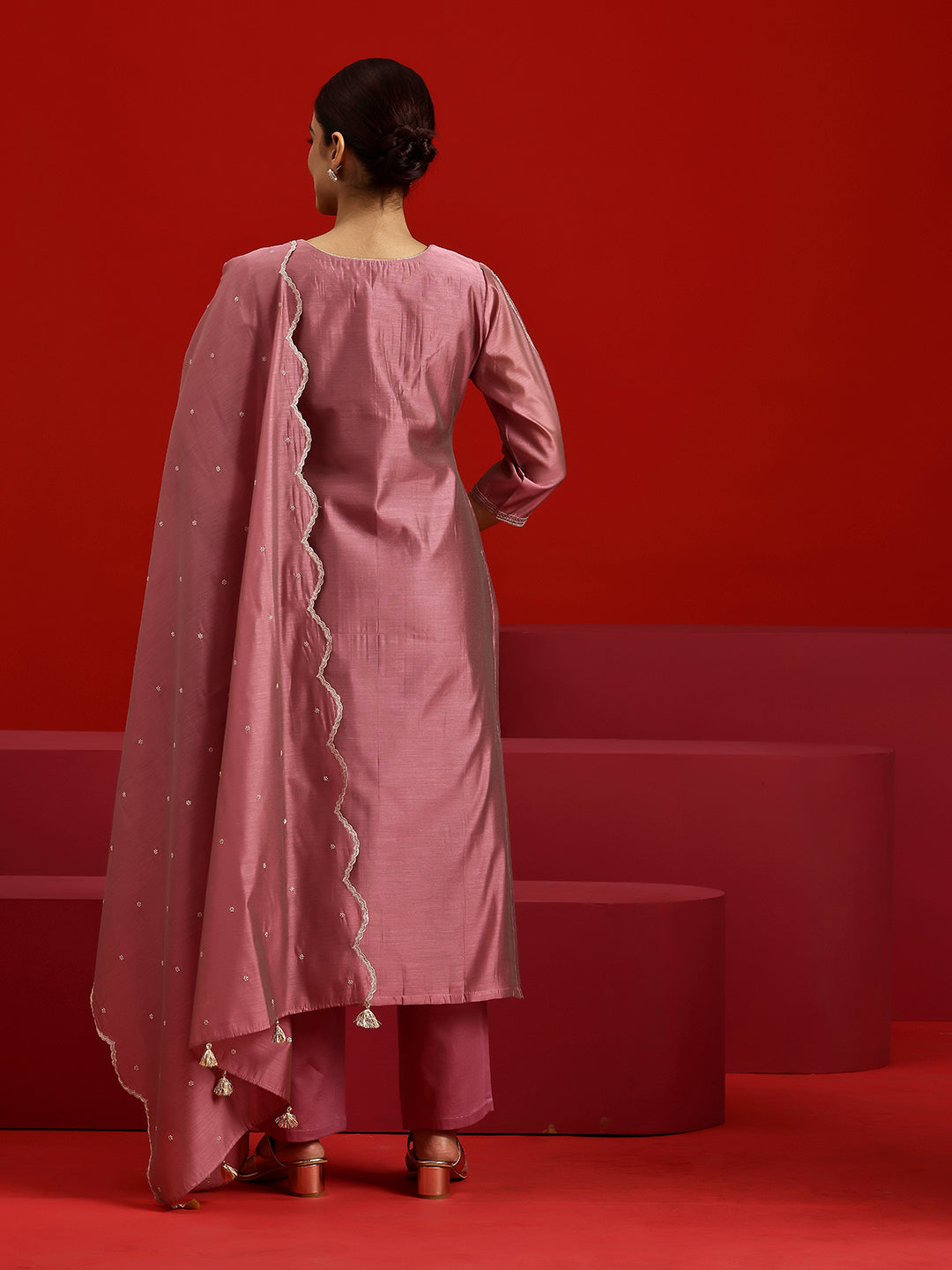 Libas Art Pink Embroidered Chanderi Silk Straight Suit With Dupatta