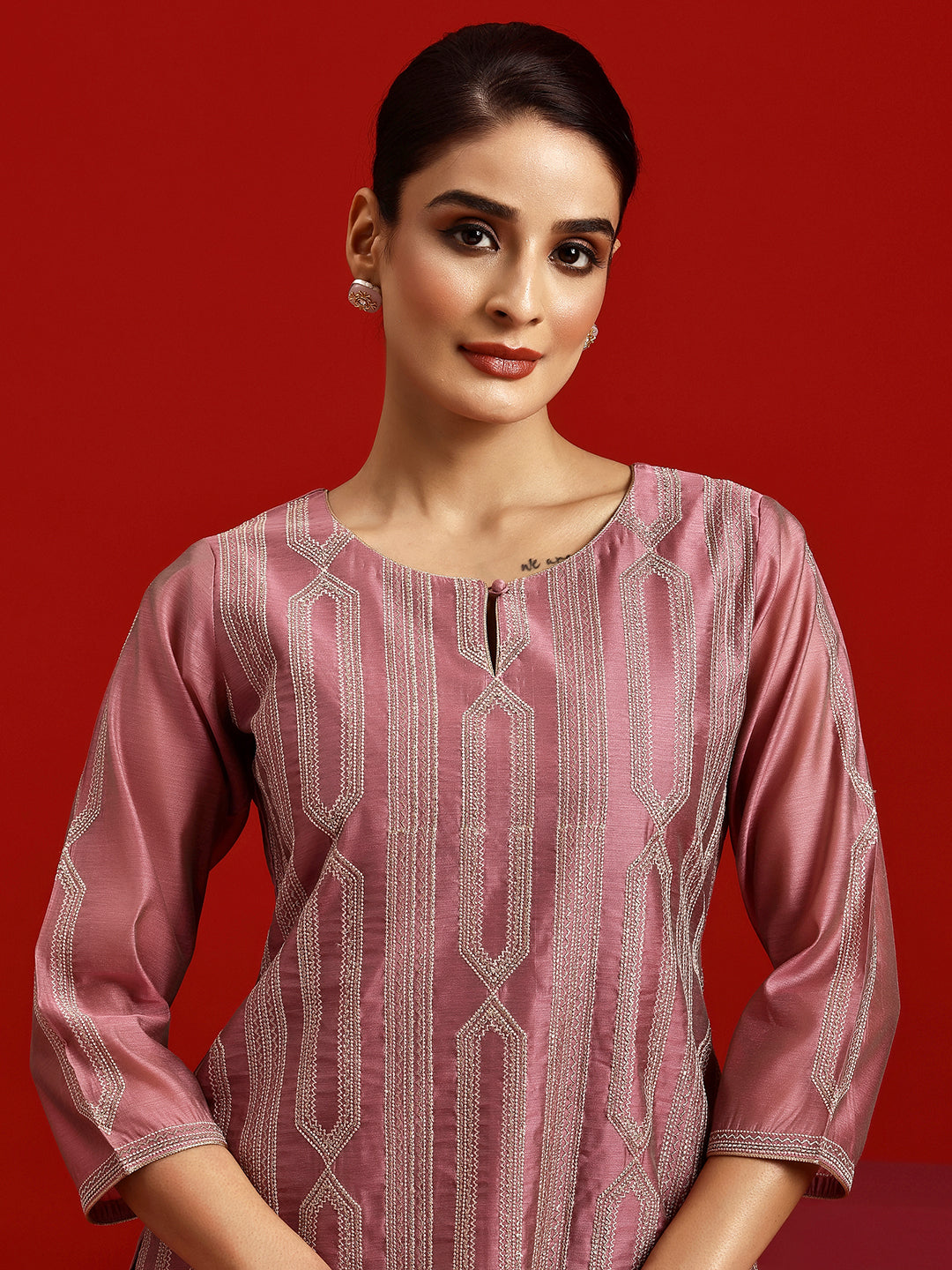 Libas Art Pink Embroidered Chanderi Silk Straight Suit With Dupatta