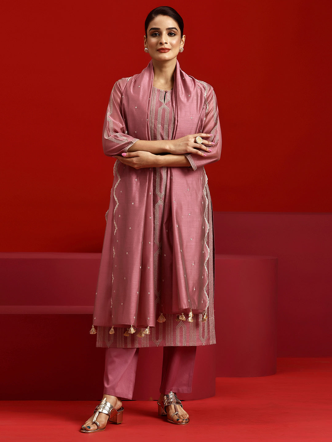 Libas Art Pink Embroidered Chanderi Silk Straight Suit With Dupatta