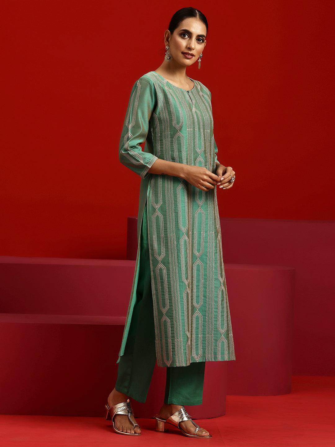 Libas Art Green Embroidered Chanderi Silk Straight Suit With Dupatta