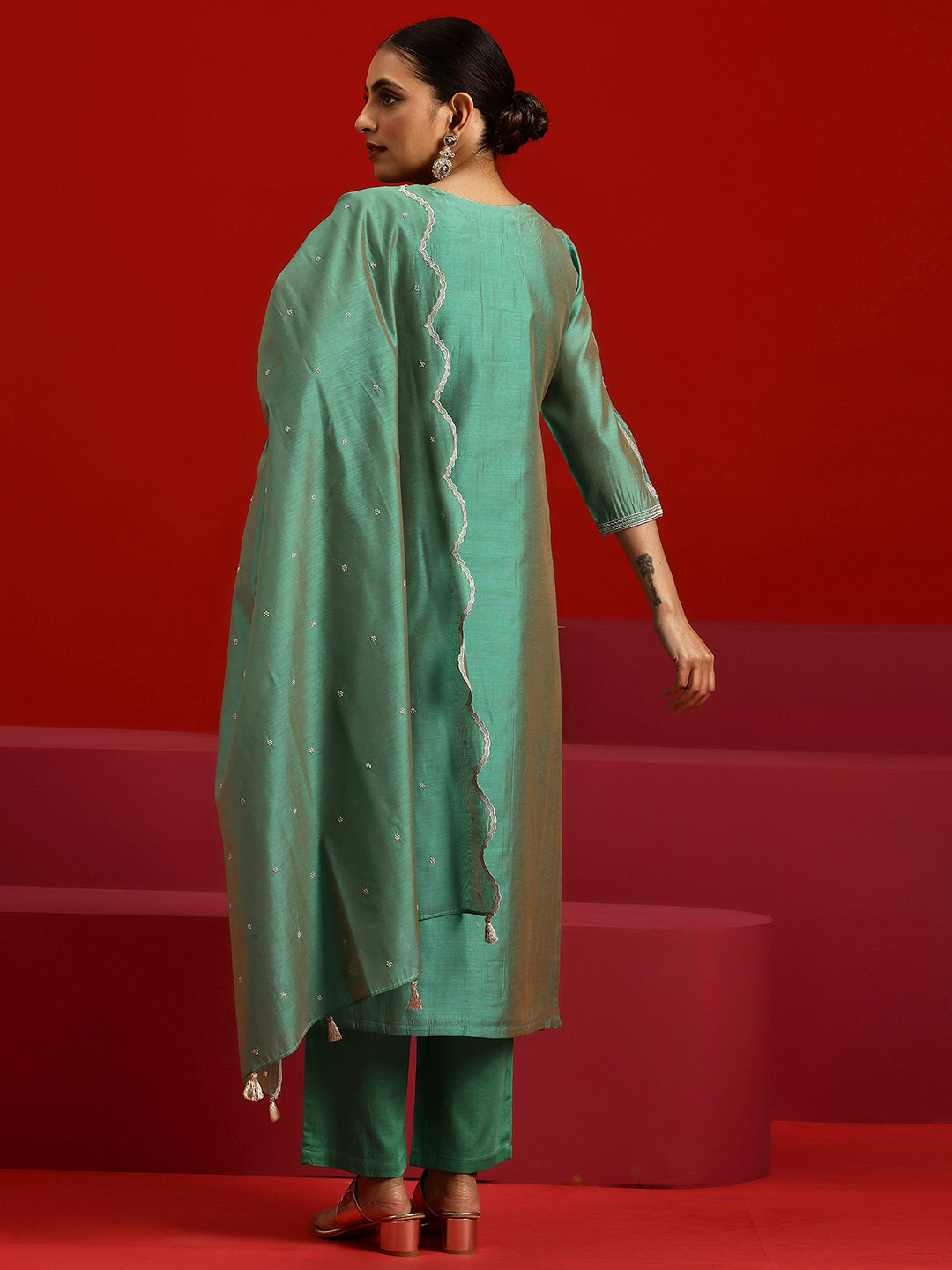 Libas Art Green Embroidered Chanderi Silk Straight Suit With Dupatta