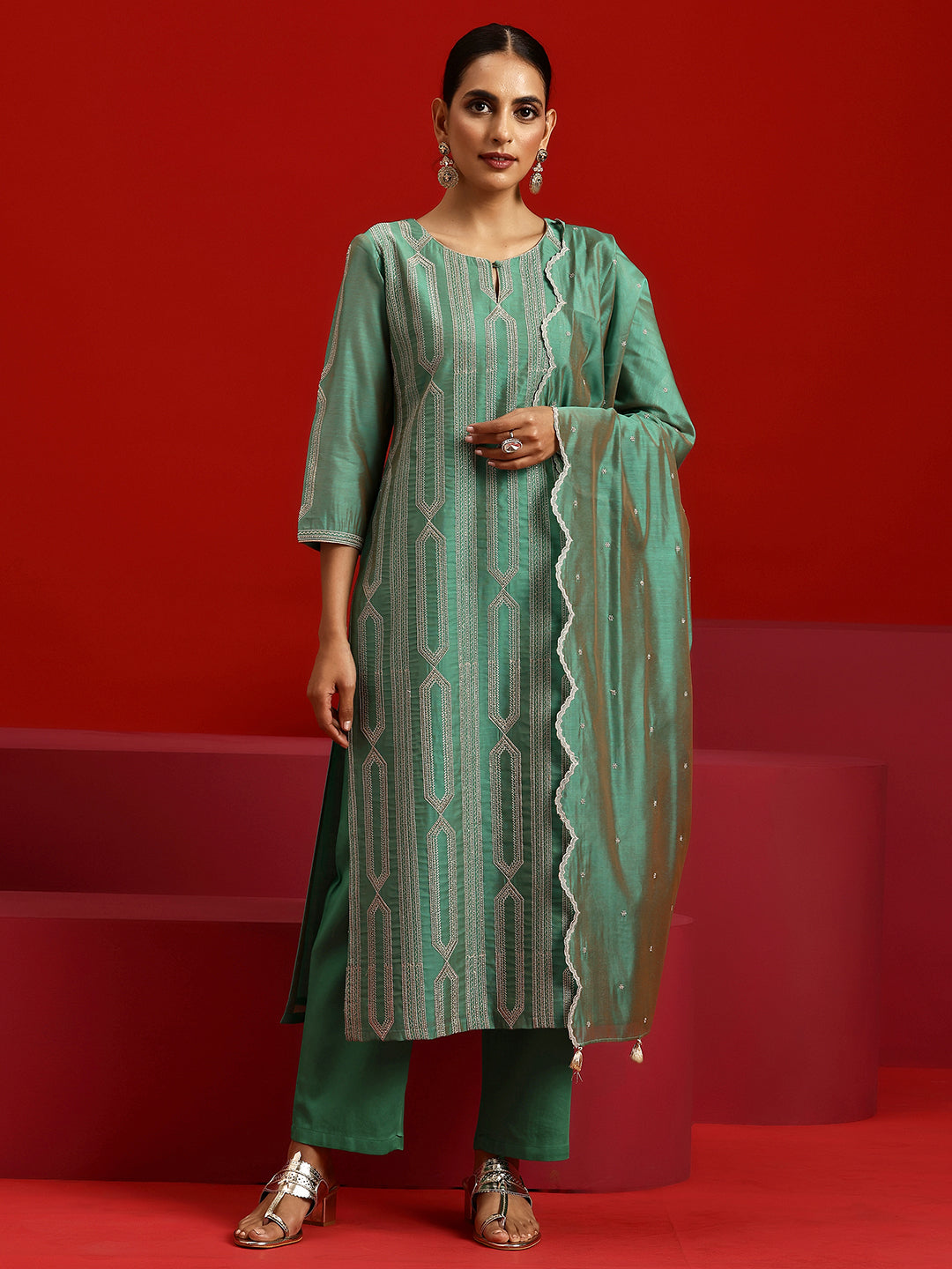 Libas Art Green Embroidered Chanderi Silk Straight Suit With Dupatta