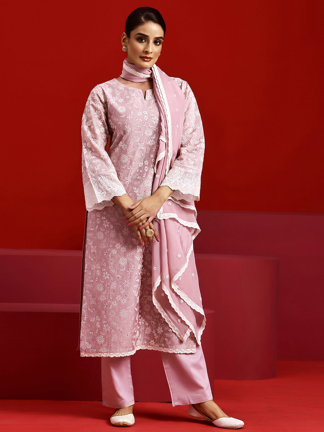 Libas Art Pink Embroidered Chanderi Silk Straight Suit With Dupatta