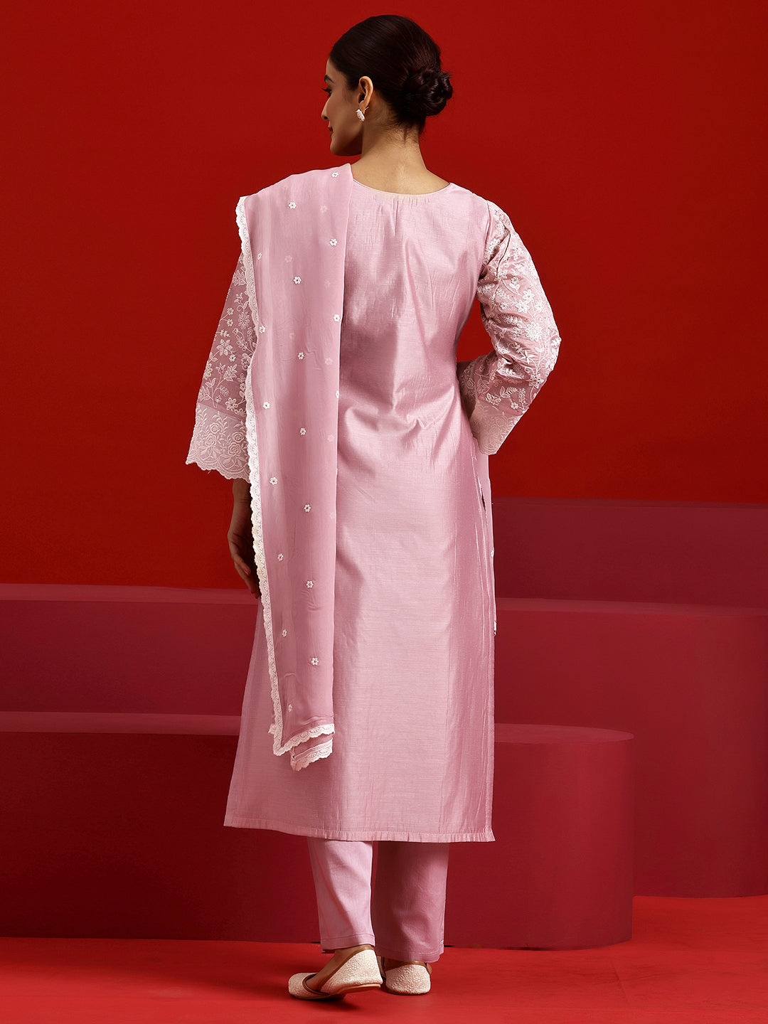 Libas Art Pink Embroidered Chanderi Silk Straight Suit With Dupatta