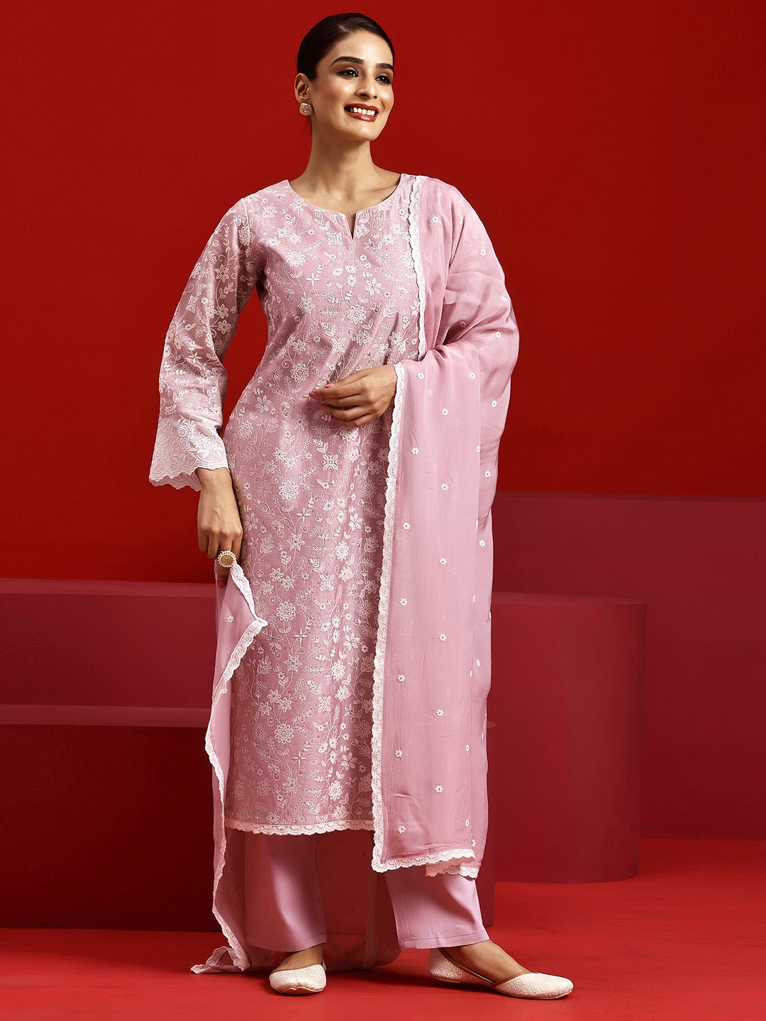 Libas Art Pink Embroidered Chanderi Silk Straight Suit With Dupatta