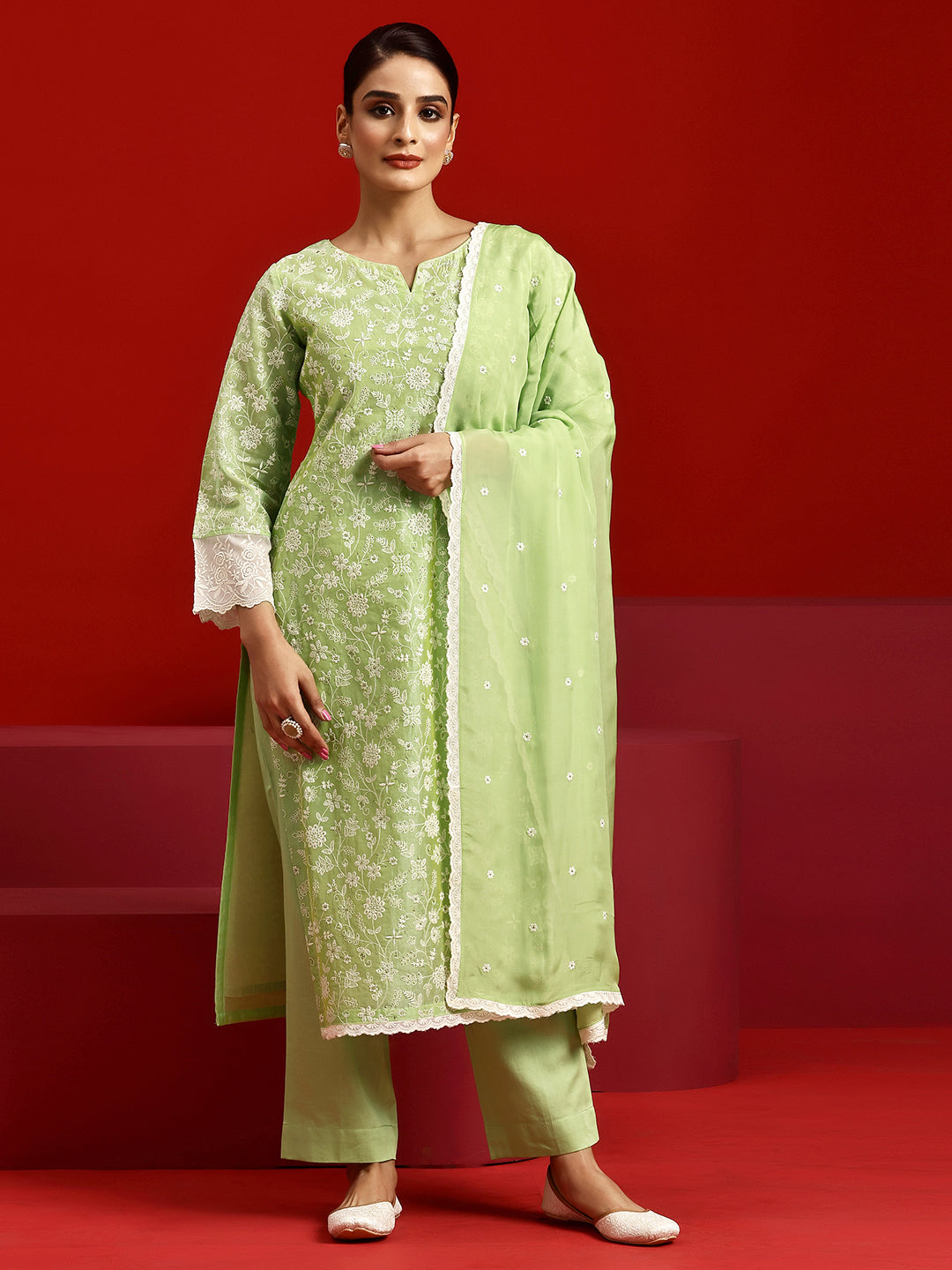 Libas Art Green Embroidered Chanderi Silk Straight Suit With Dupatta