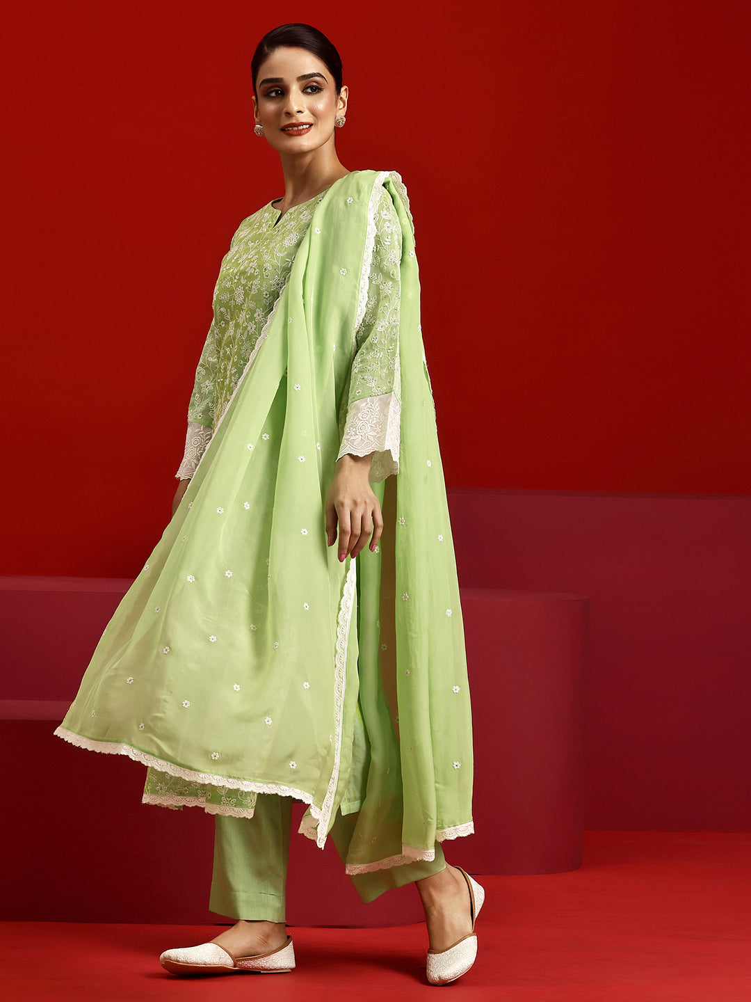 Libas Art Green Embroidered Chanderi Silk Straight Suit With Dupatta