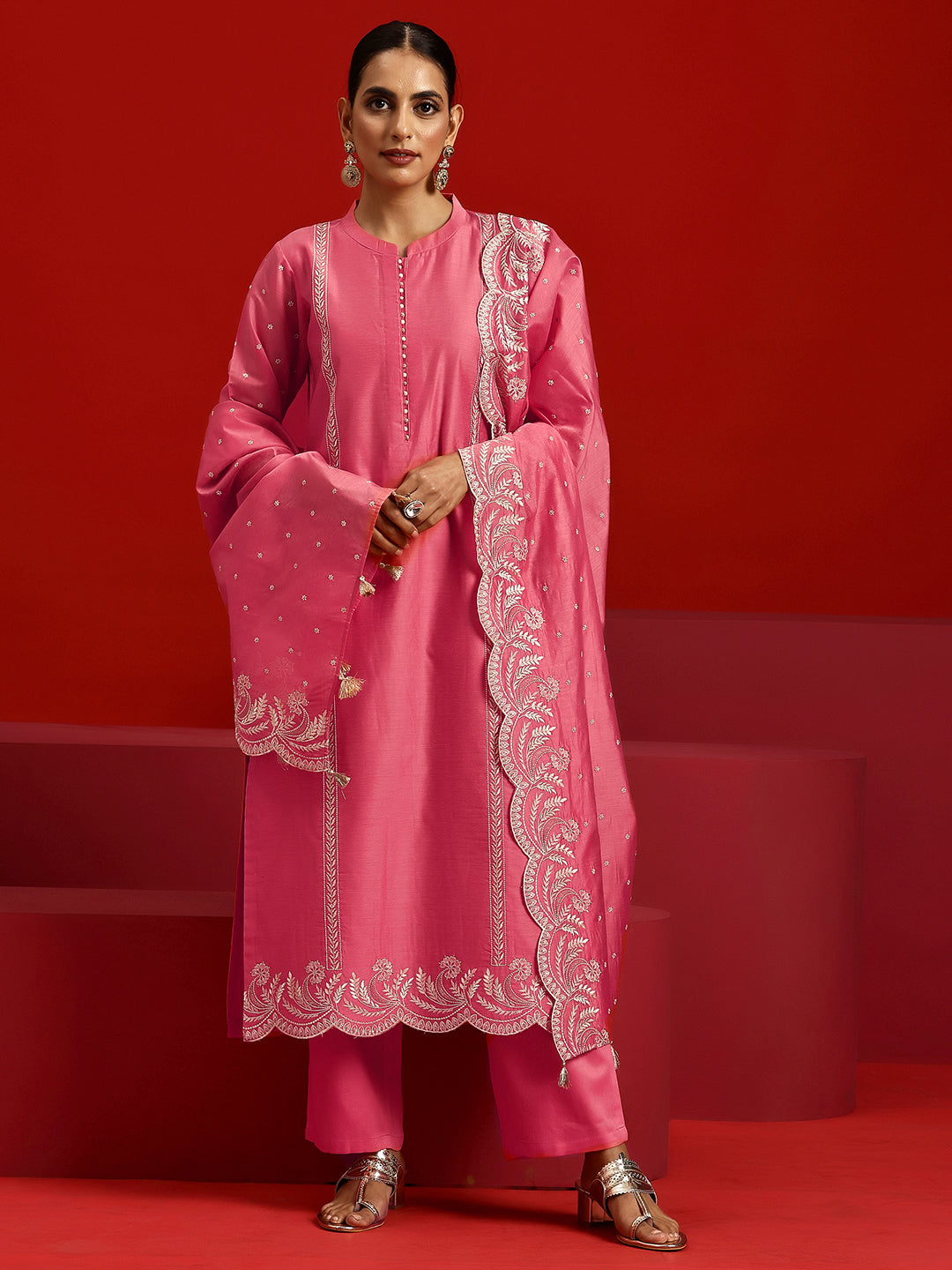 Libas Art Coral Embroidered Chanderi Silk Straight Suit With Dupatta