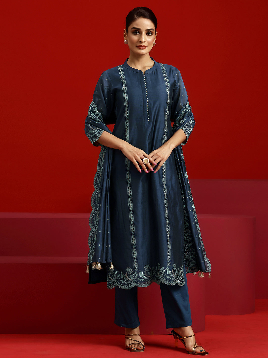 Libas Art Blue Embroidered Chanderi Silk Straight Suit With Dupatta