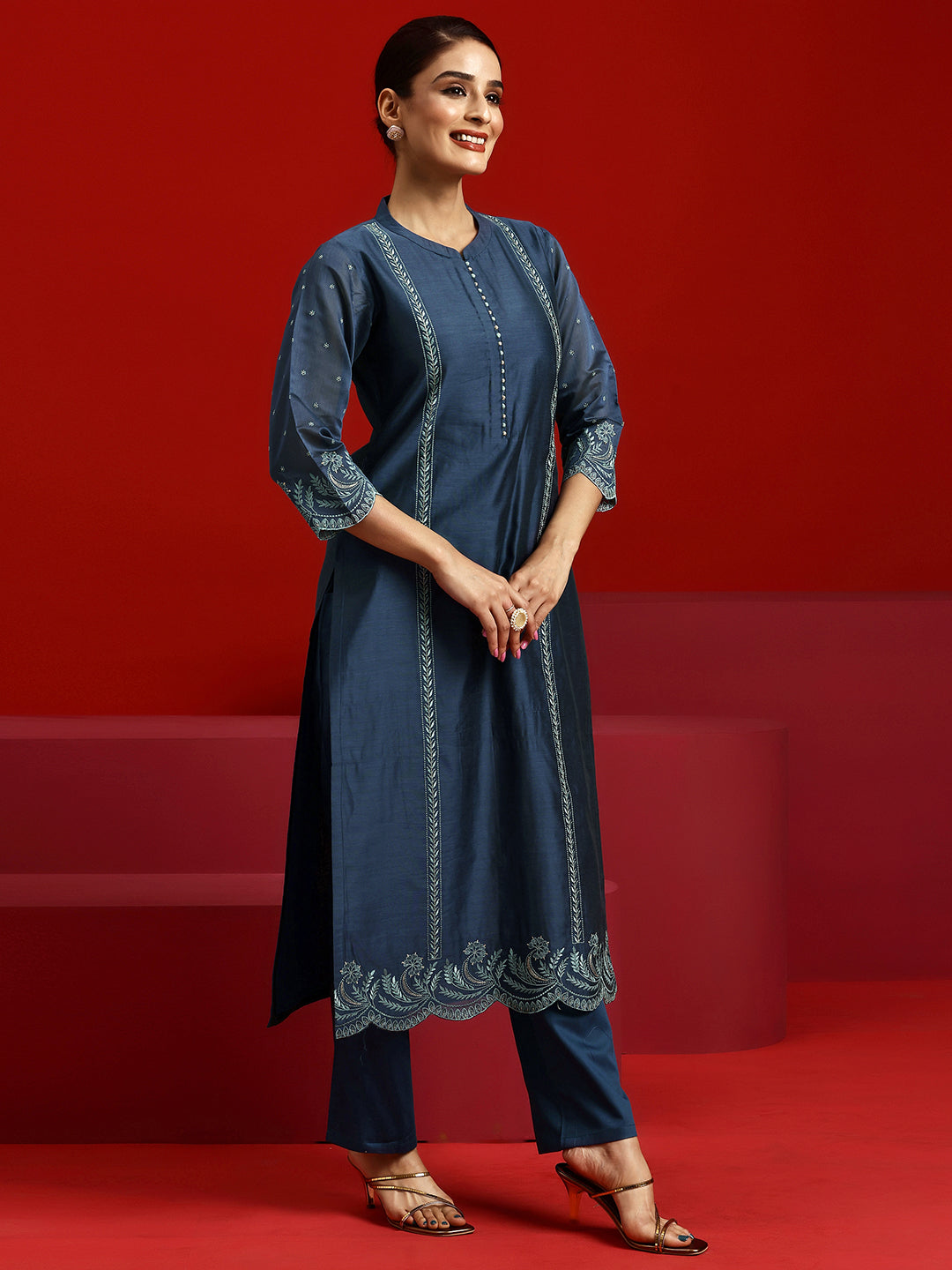 Libas Art Blue Embroidered Chanderi Silk Straight Suit With Dupatta