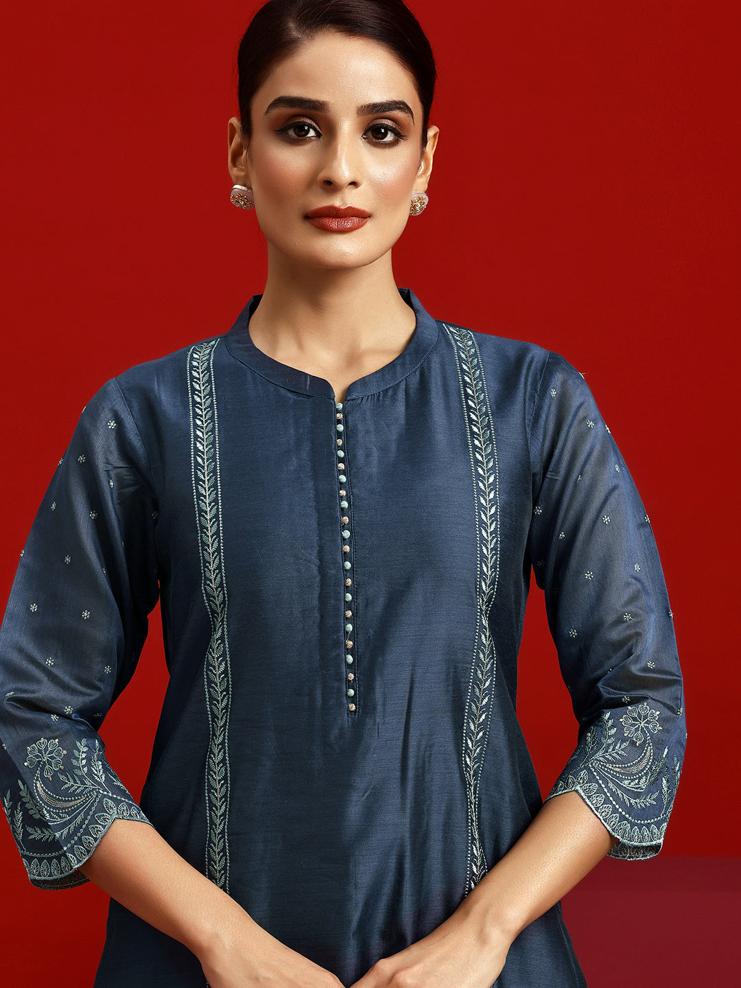 Libas Art Blue Embroidered Chanderi Silk Straight Suit With Dupatta