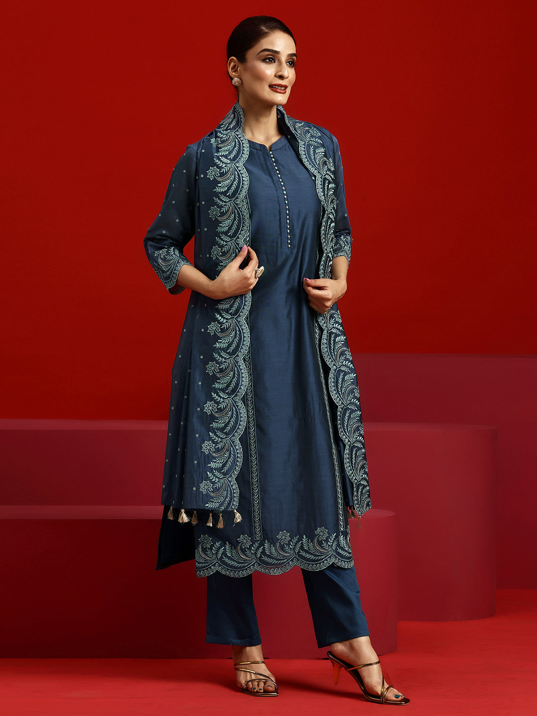 Libas Art Blue Embroidered Chanderi Silk Straight Suit With Dupatta