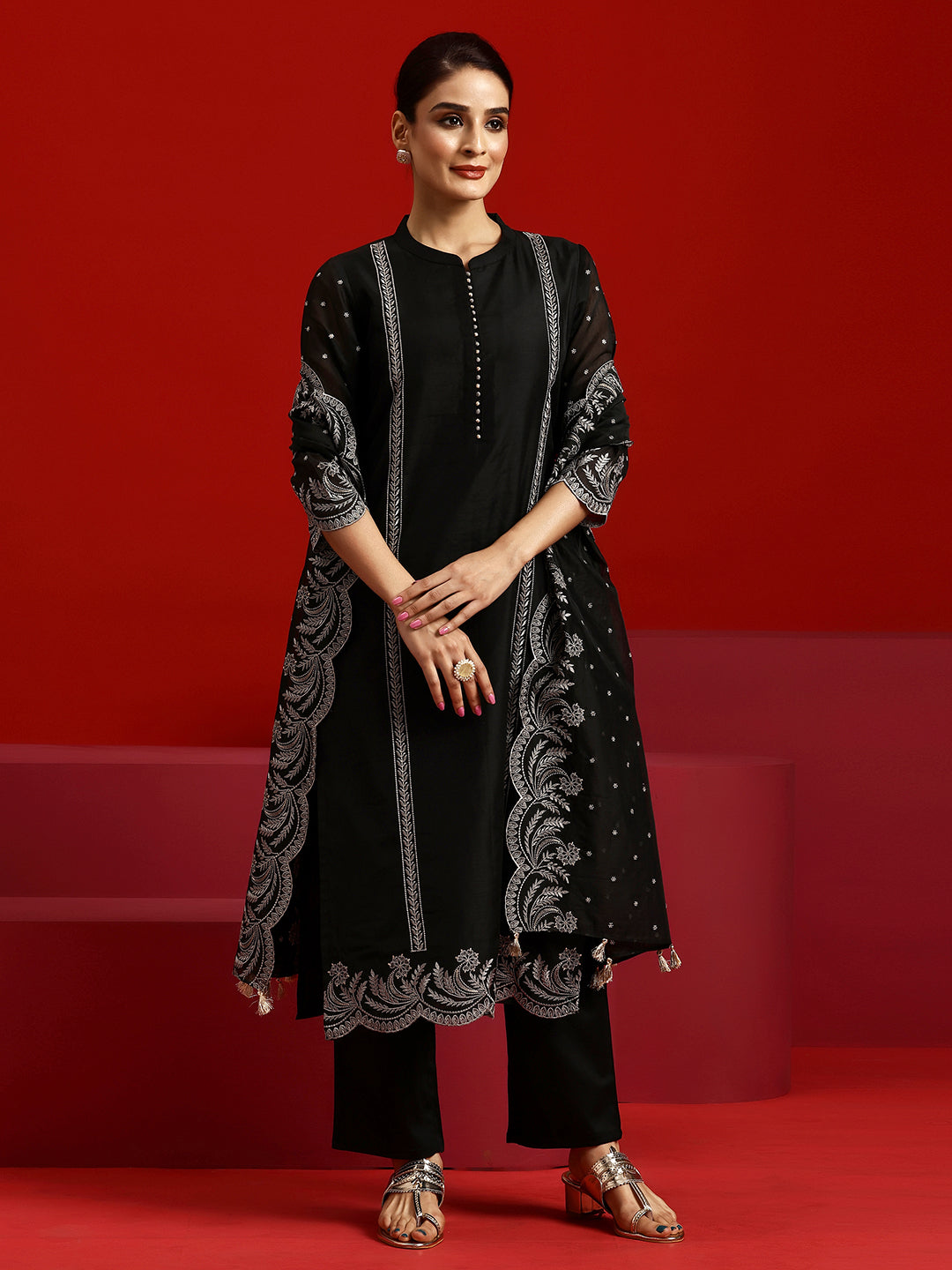 Libas Art Black Embroidered Chanderi Silk Straight Suit With Dupatta