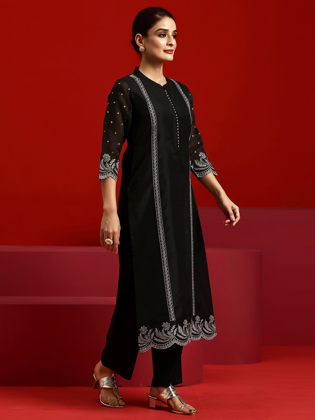 Libas Art Black Embroidered Chanderi Silk Straight Suit With Dupatta