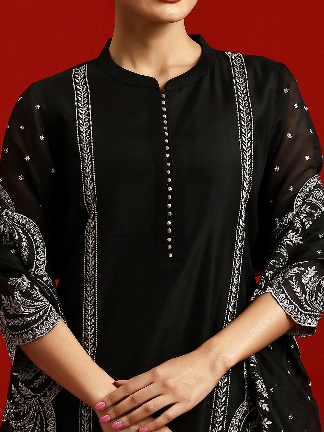 Libas Art Black Embroidered Chanderi Silk Straight Suit With Dupatta