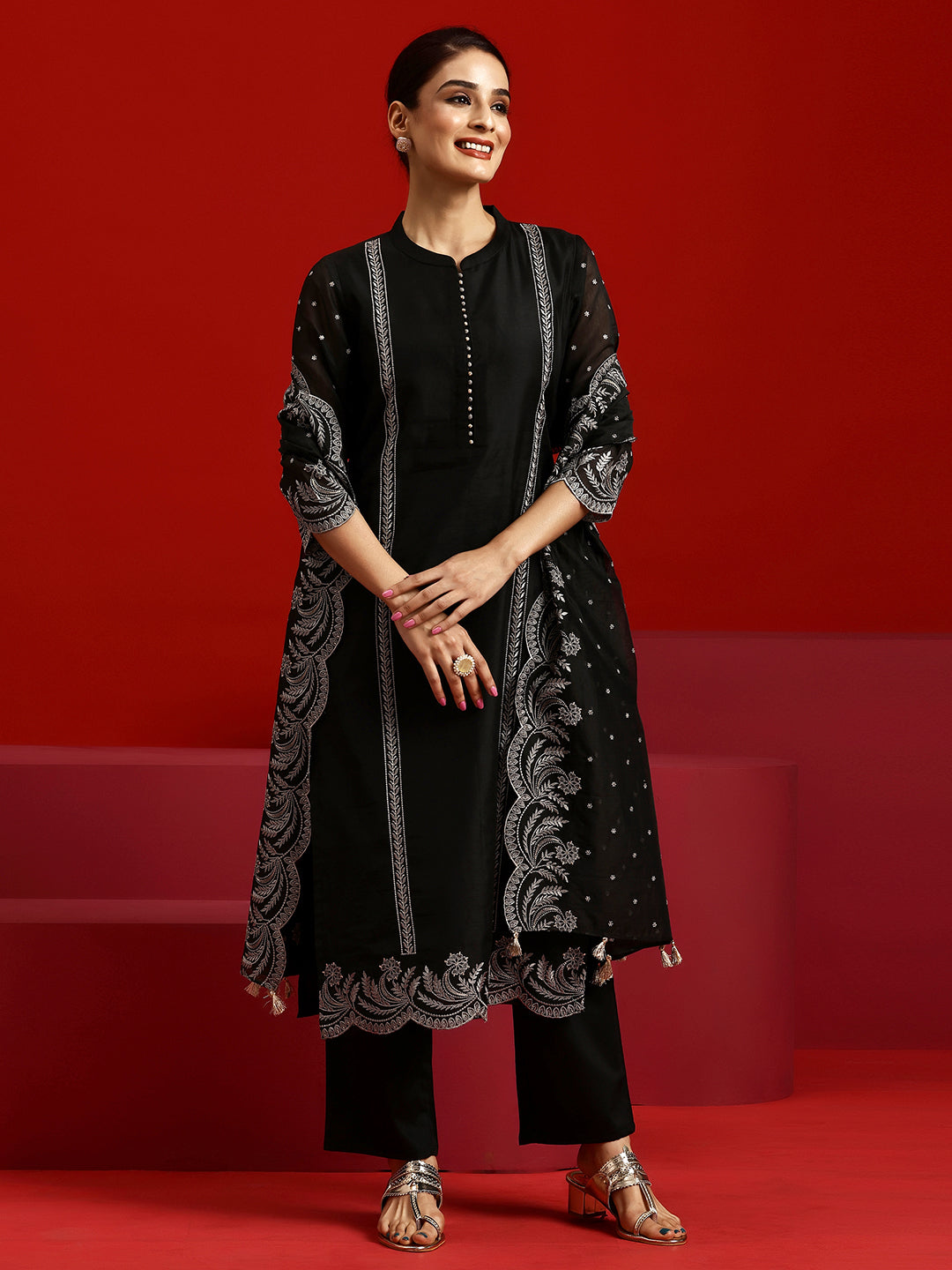 Libas Art Black Embroidered Chanderi Silk Straight Suit With Dupatta