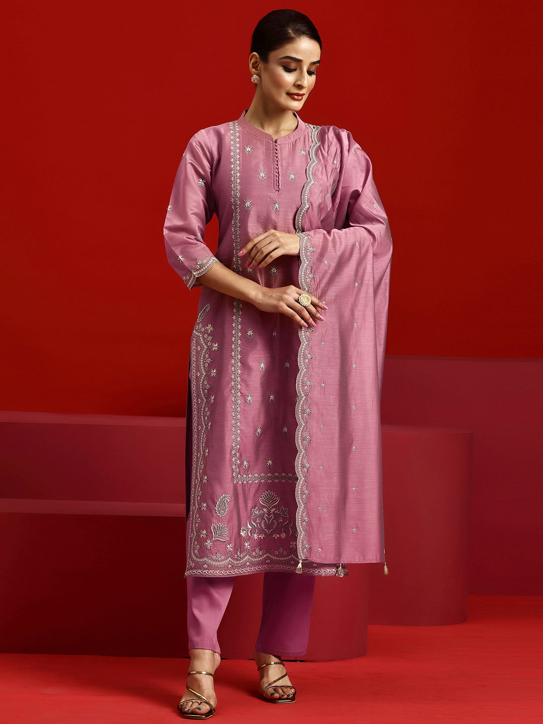 Libas Art Mauve Embroidered Chanderi Silk Straight Suit With Dupatta