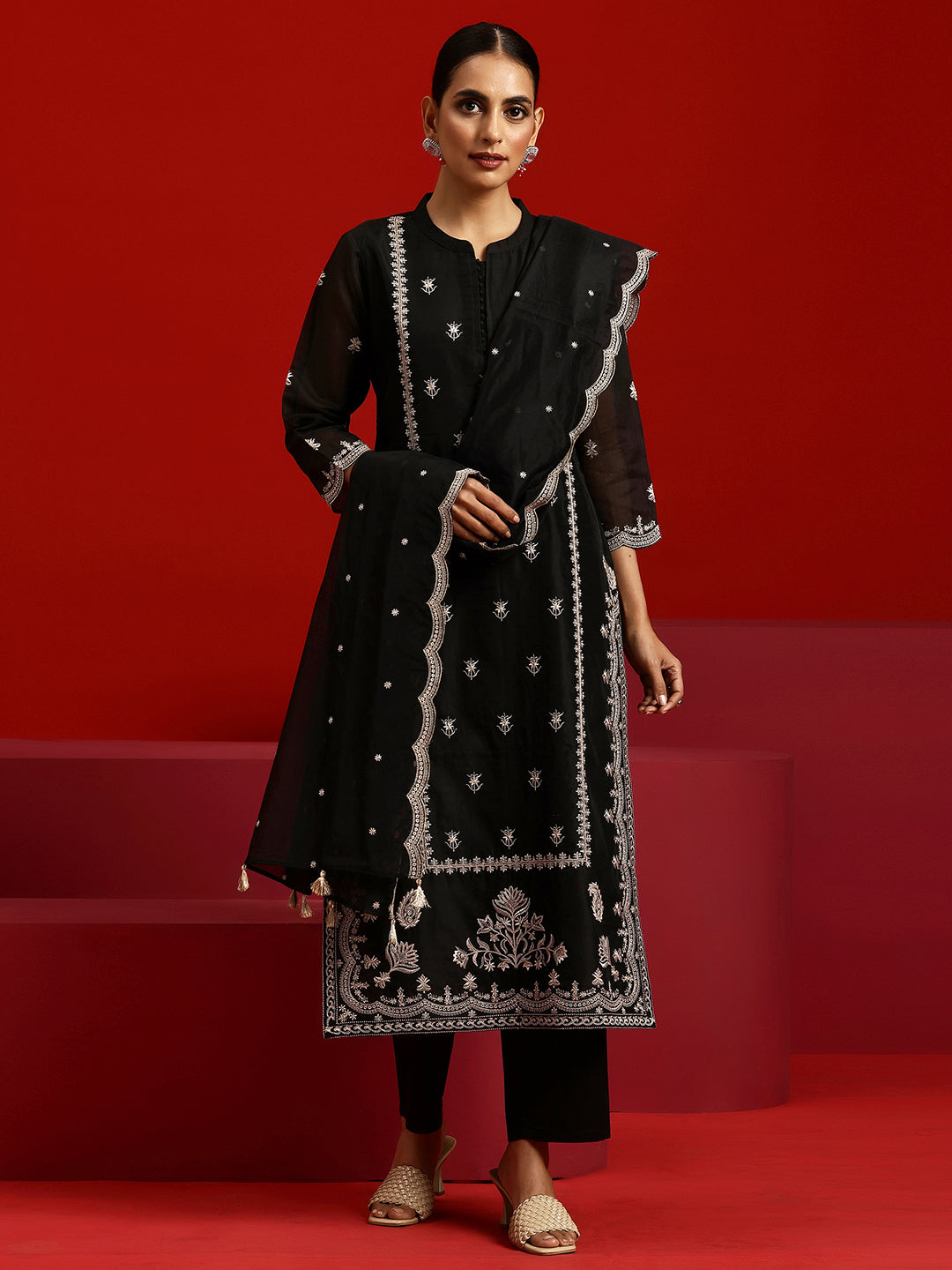 Libas Art Black Embroidered Chanderi Silk Straight Suit With Dupatta