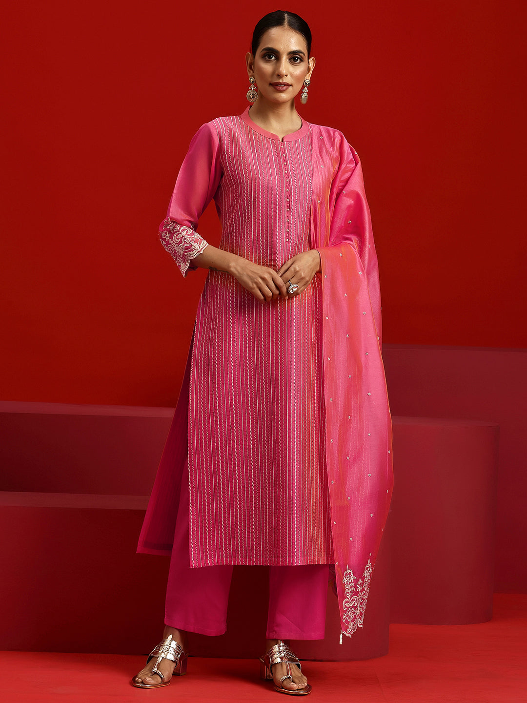 Libas Art Pink Embroidered Chanderi Silk Straight Suit With Dupatta