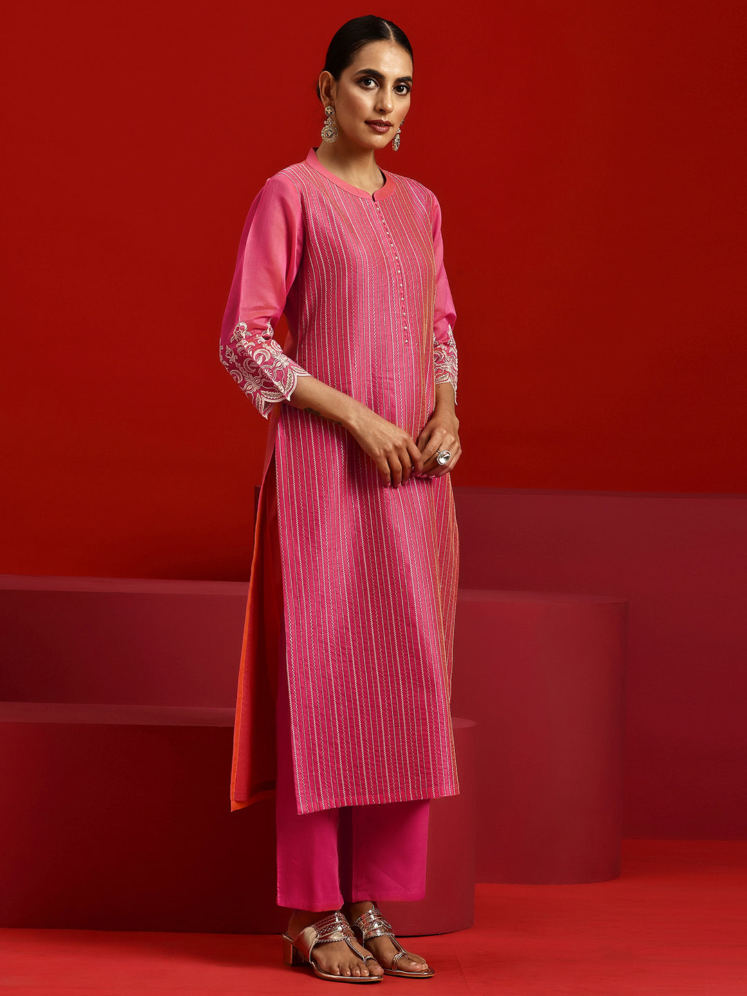 Libas Art Pink Embroidered Chanderi Silk Straight Suit With Dupatta