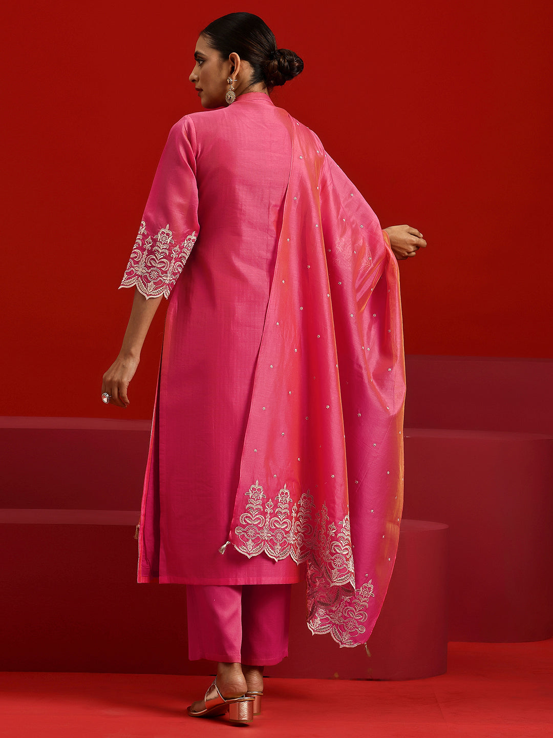 Libas Art Pink Embroidered Chanderi Silk Straight Suit With Dupatta