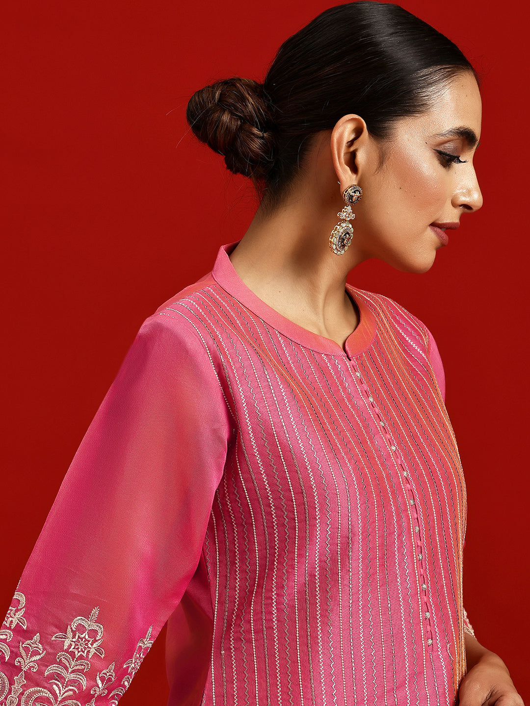 Libas Art Pink Embroidered Chanderi Silk Straight Suit With Dupatta