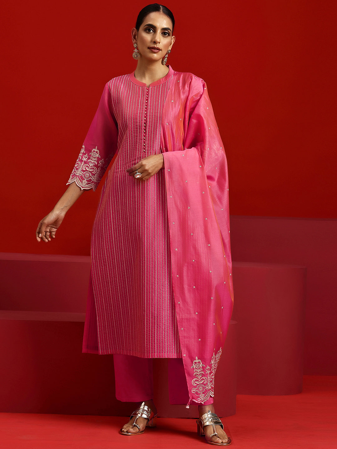 Libas Art Pink Embroidered Chanderi Silk Straight Suit With Dupatta