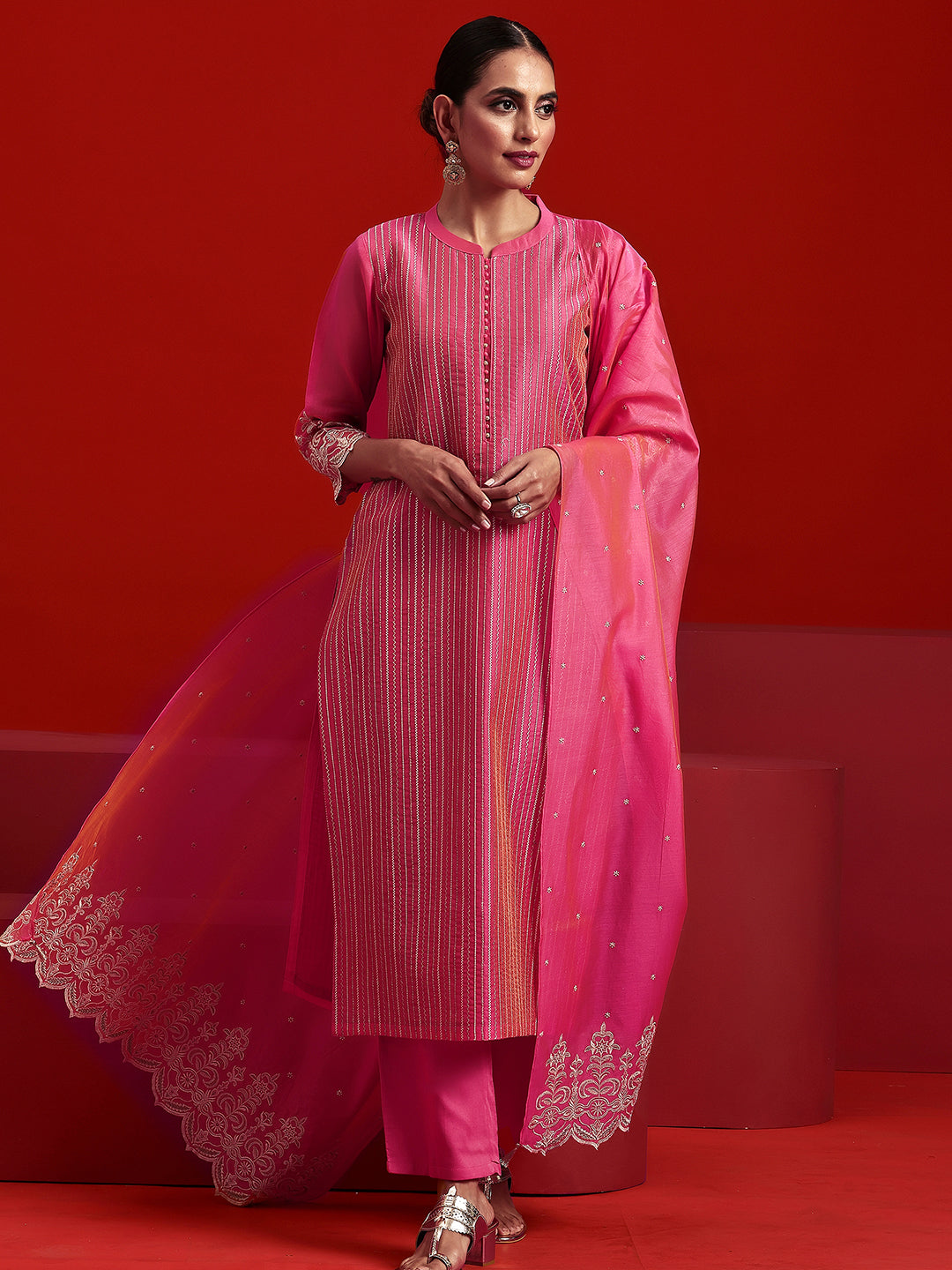 Libas Art Pink Embroidered Chanderi Silk Straight Suit With Dupatta