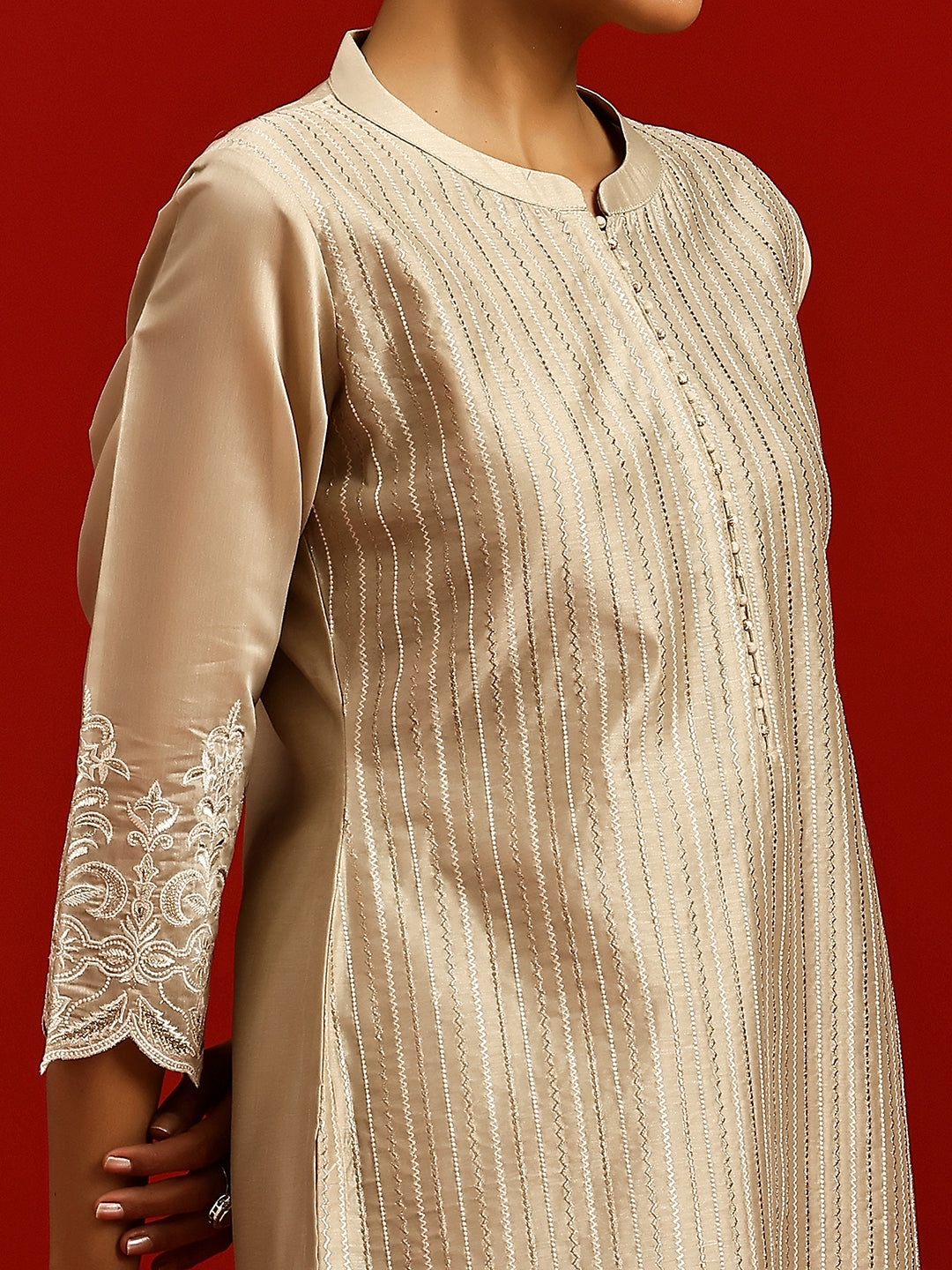 Libas Art Beige Embroidered Chanderi Silk Straight Suit With Dupatta