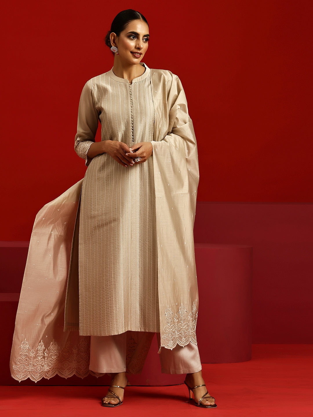 Libas Art Beige Embroidered Chanderi Silk Straight Suit With Dupatta