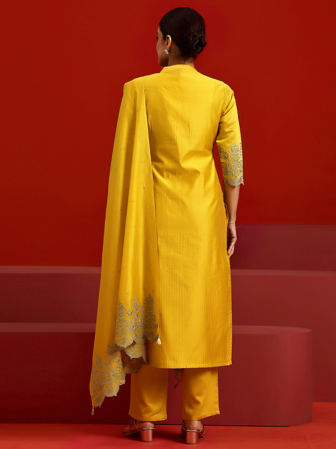 Libas Art Yellow Embroidered Chanderi Silk Straight Suit With Dupatta