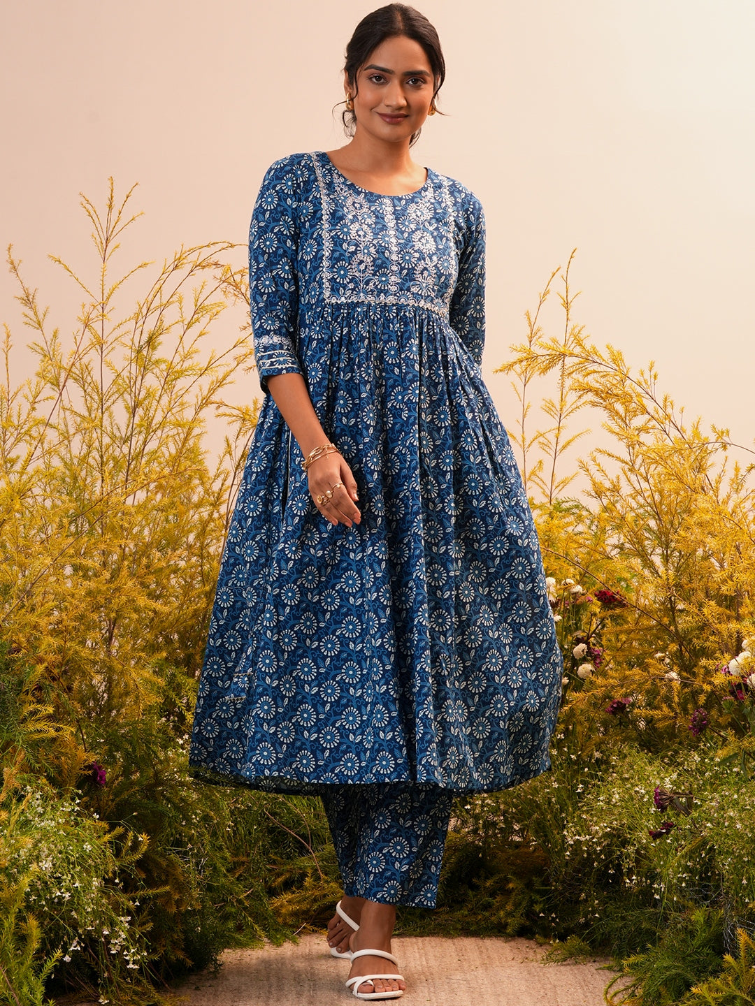 Indigo Printed Cotton A-Line Kurta With Trousers