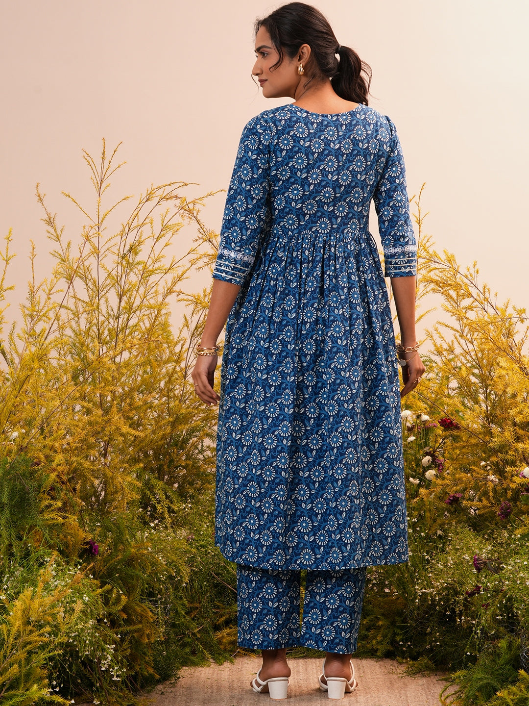 Indigo Printed Cotton A-Line Kurta With Trousers