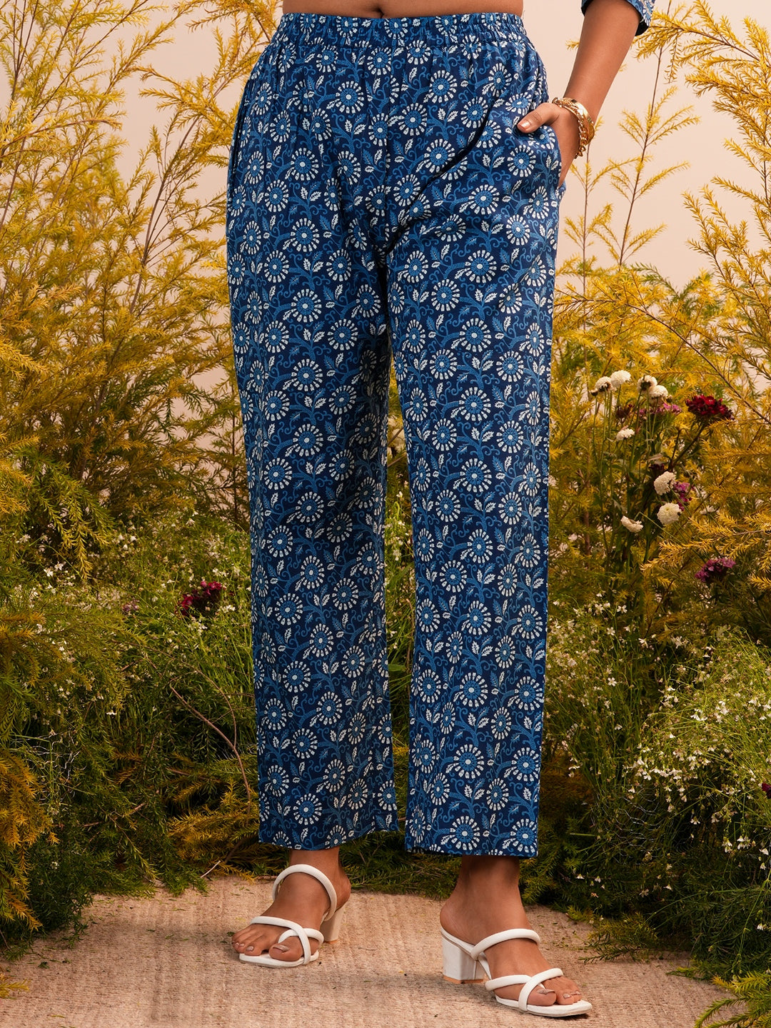 Indigo Printed Cotton A-Line Kurta With Trousers