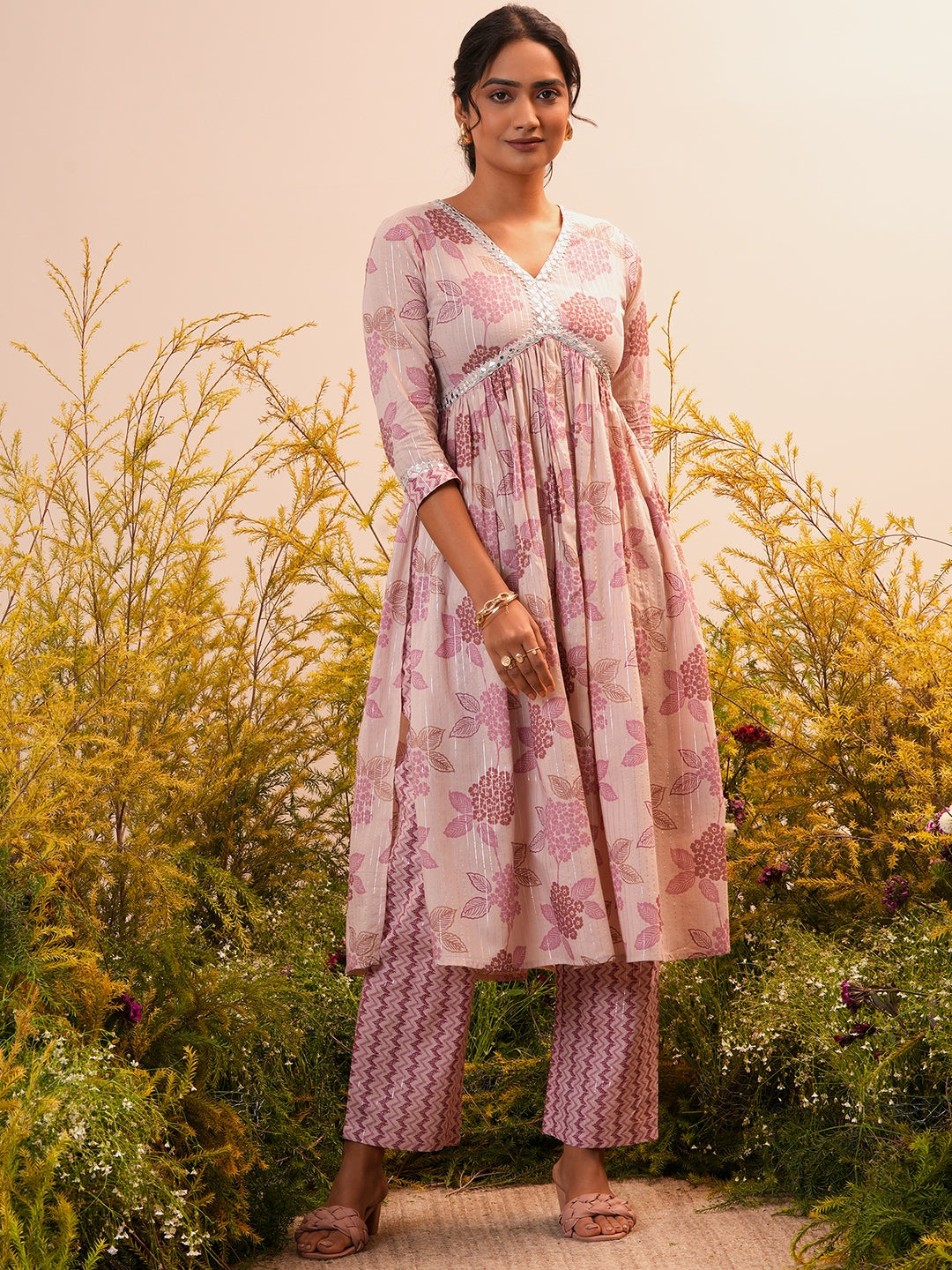 Mauve Printed Cotton A-Line Kurta With Trousers